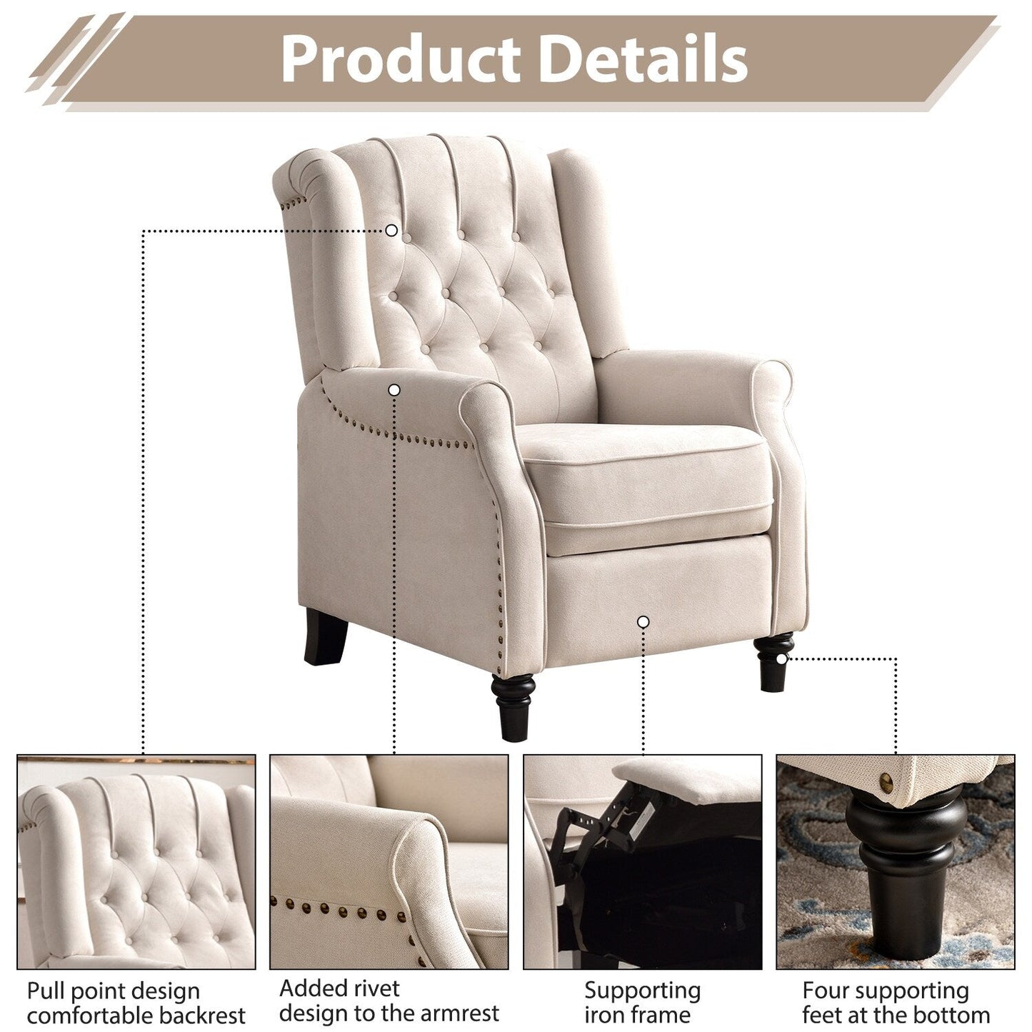 Fauteuil inclinable avec dossier capitonné et pieds en bois