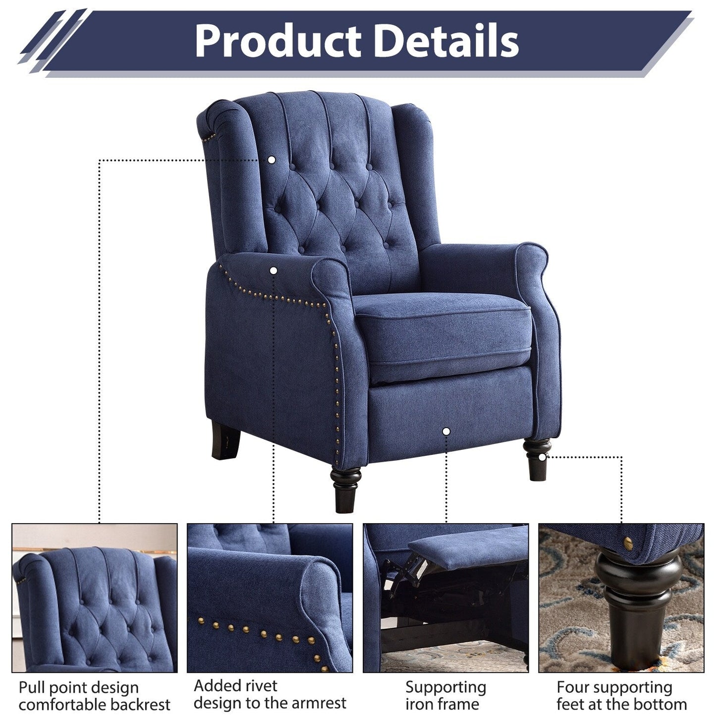Fauteuil inclinable avec dossier capitonné et pieds en bois