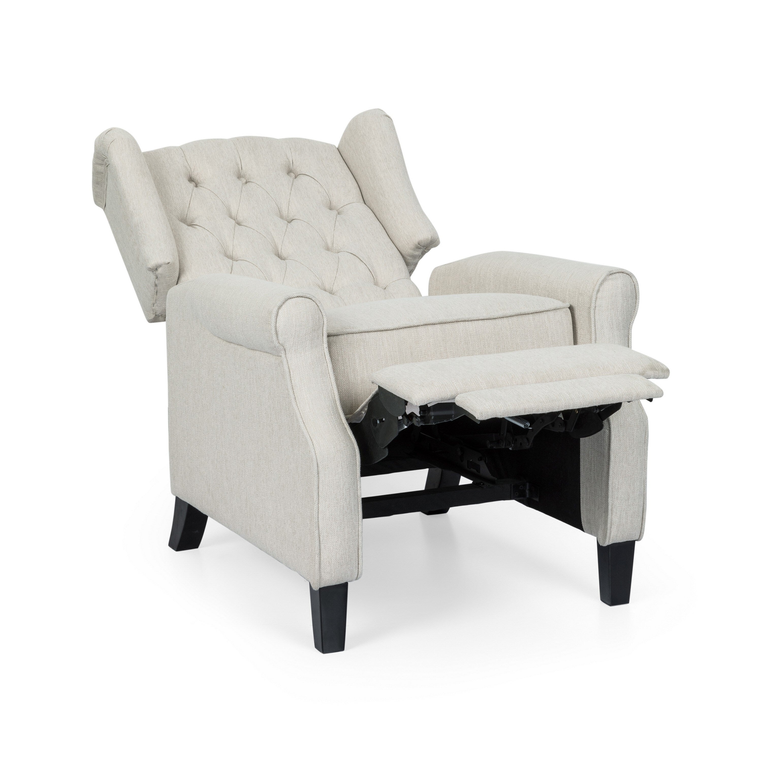 Fauteuil inclinable à dossier relevable, bois de bouleau brun foncé, tissu capitonné beige