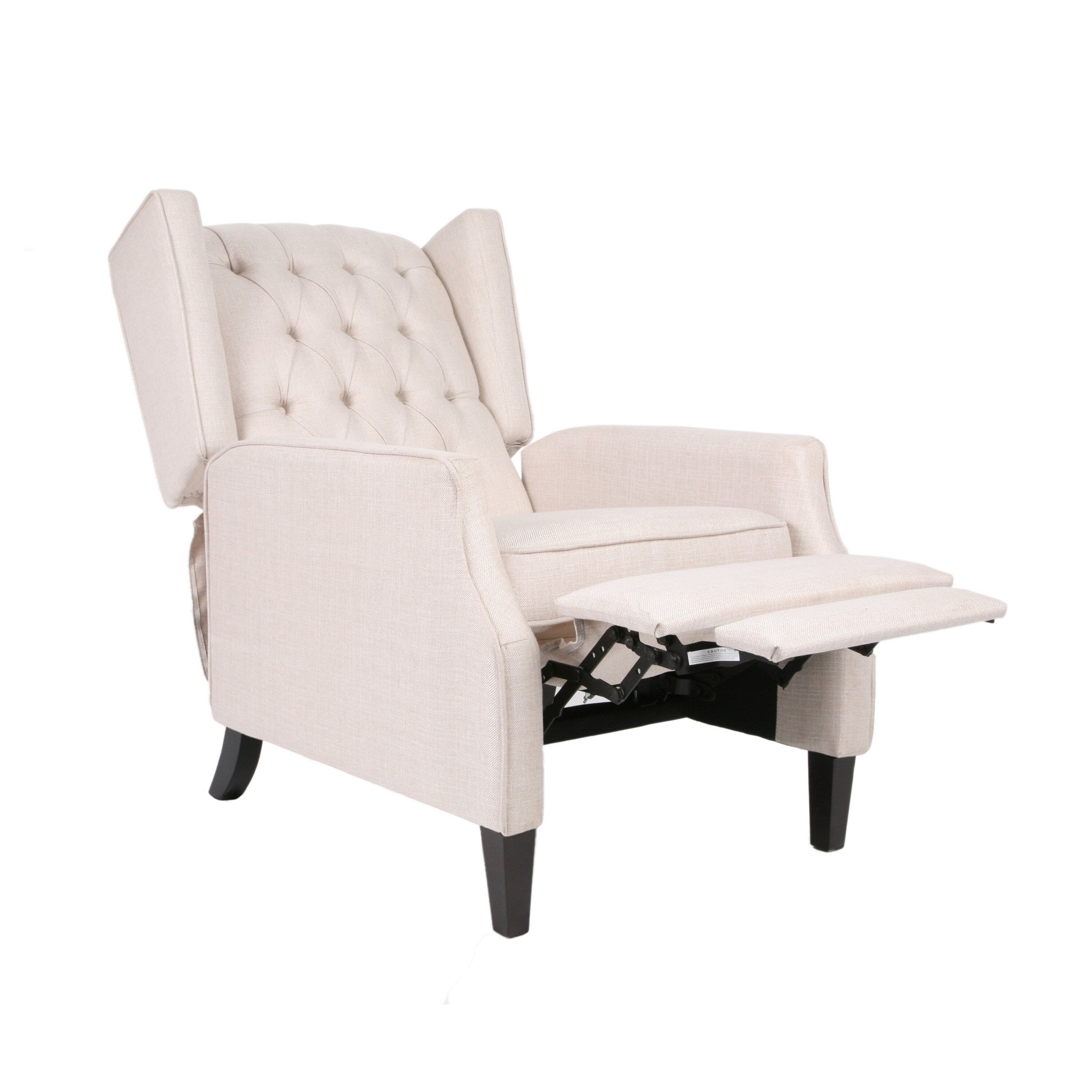 Fauteuil inclinable à dossier relevable, pieds à entretoises, tissu plissé capitonné beige