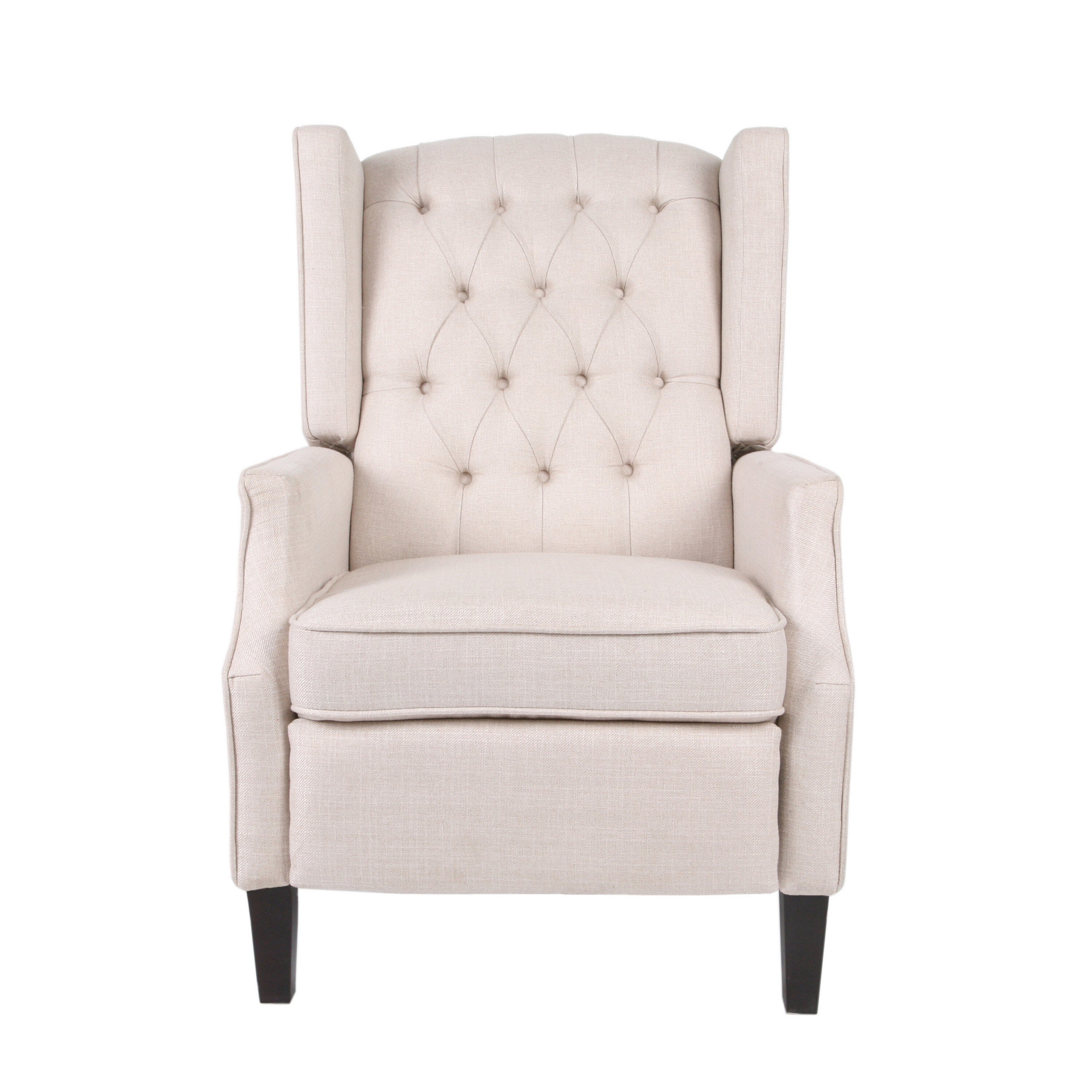Fauteuil inclinable à dossier relevable, pieds à entretoises, tissu plissé capitonné beige