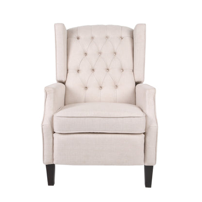 Fauteuil inclinable à dossier relevable, pieds à entretoises, tissu plissé capitonné beige