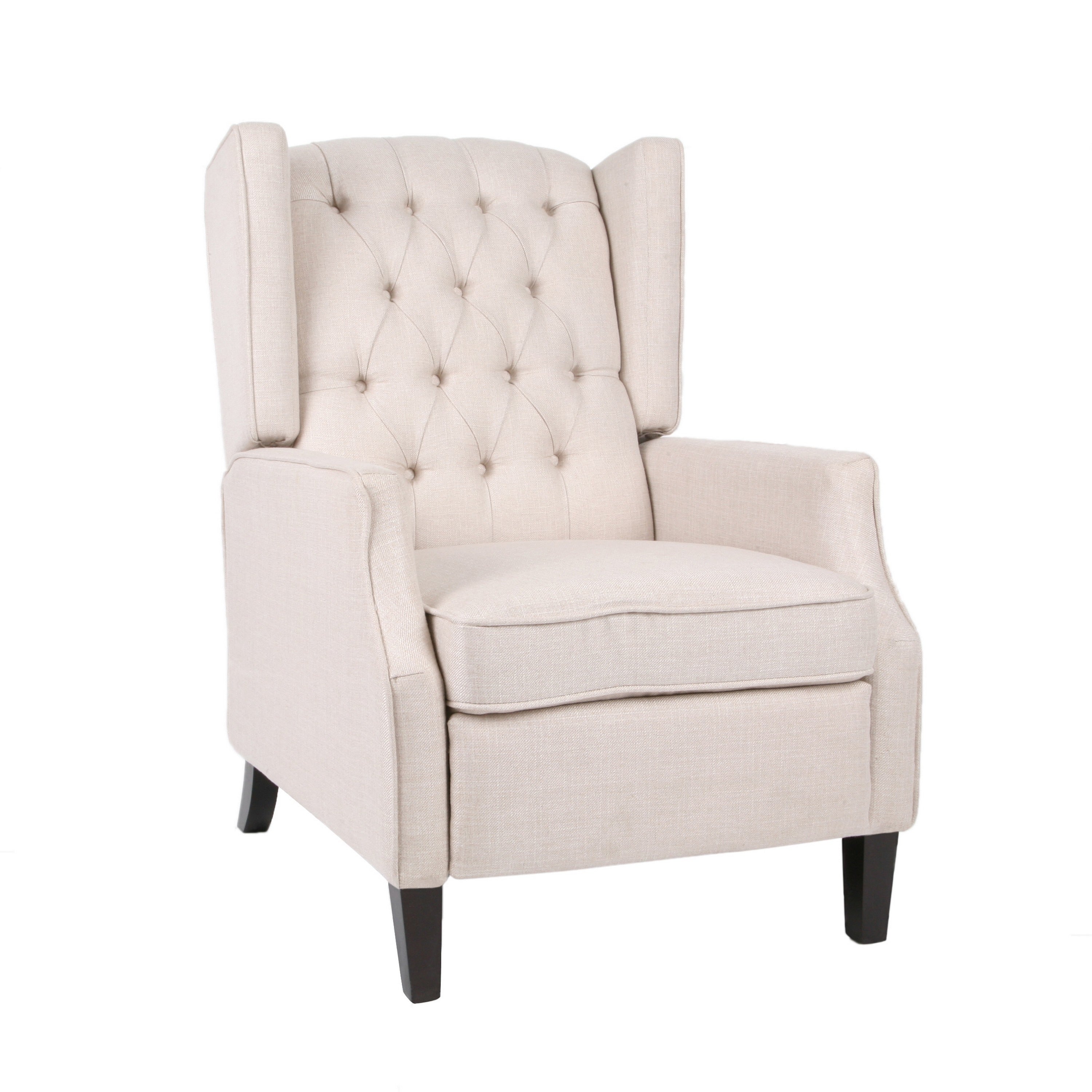 Fauteuil inclinable à dossier relevable, pieds à entretoises, tissu plissé capitonné beige