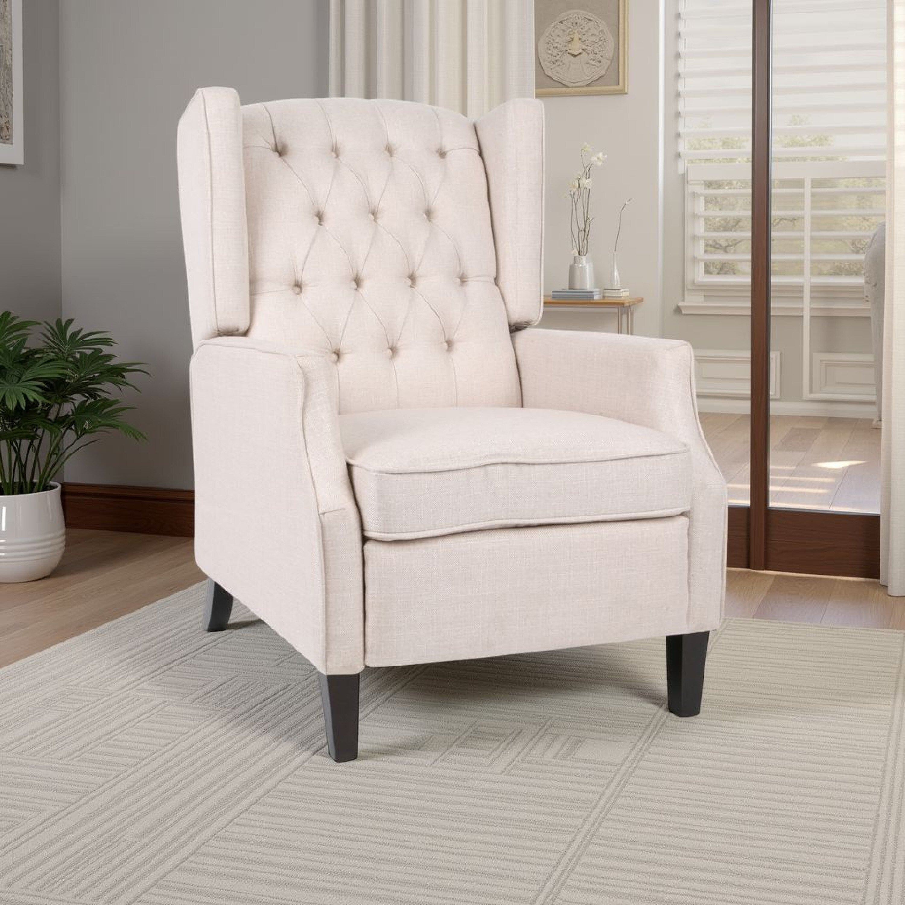 Fauteuil inclinable à dossier relevable, pieds à entretoises, tissu plissé capitonné beige