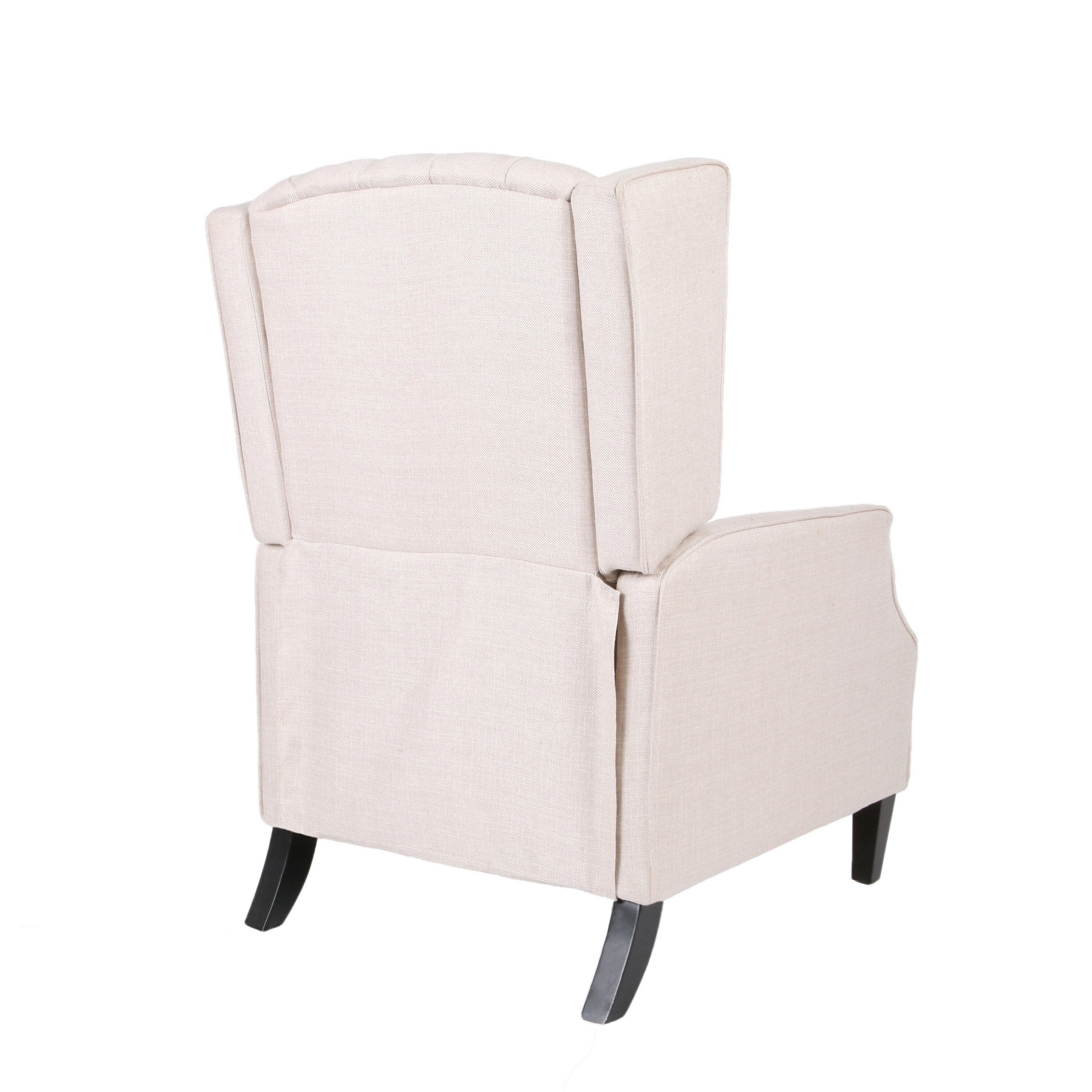 Fauteuil inclinable à dossier relevable, pieds à entretoises, tissu plissé capitonné beige