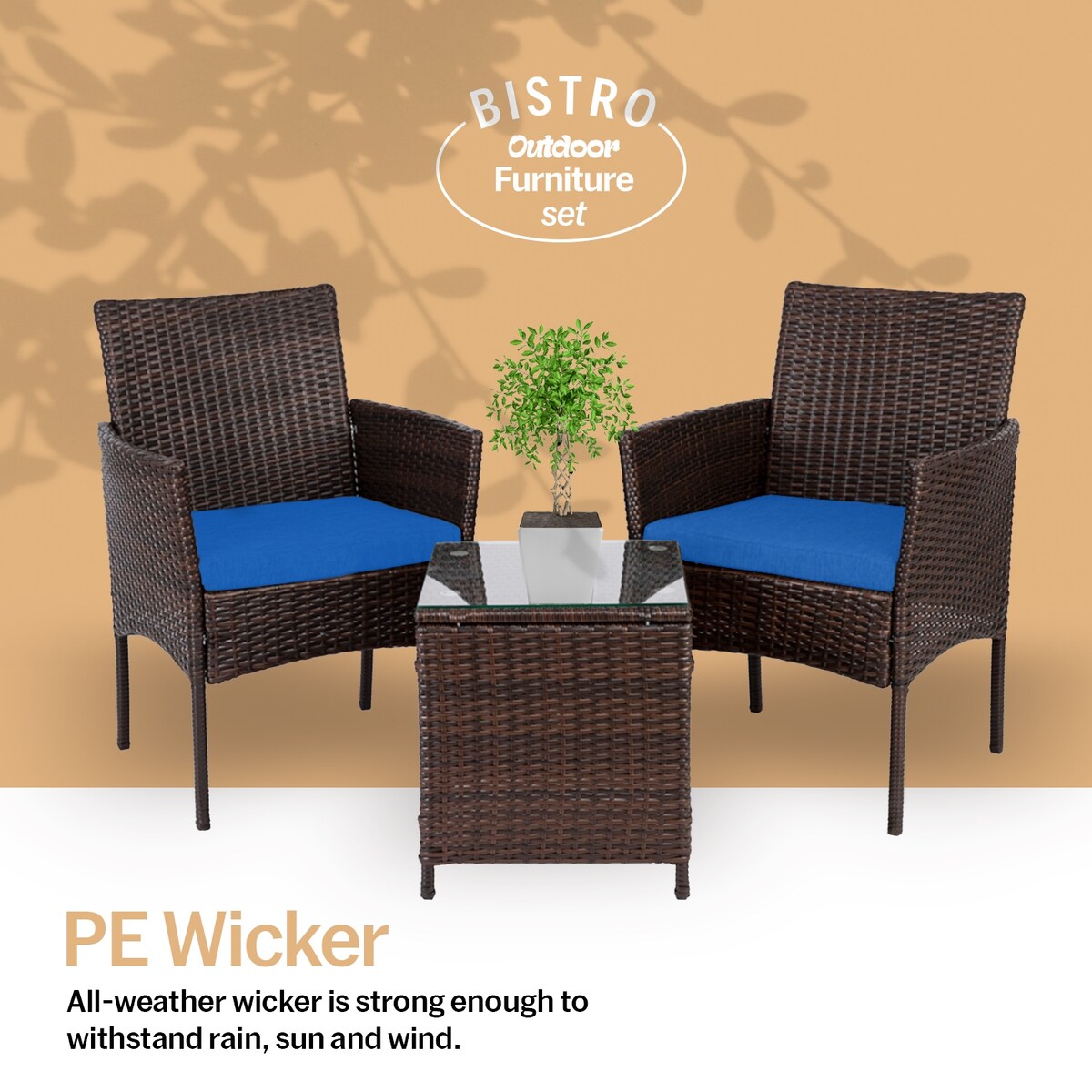 Ensemble bistrot de patio 3 pièces en rotin Pyramid Home Decor