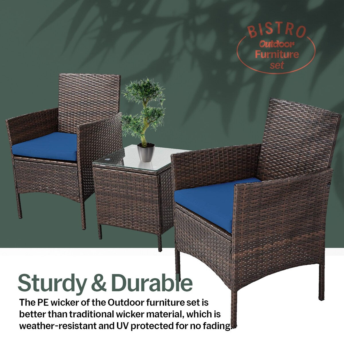 Ensemble bistrot de patio 3 pièces en rotin Pyramid Home Decor