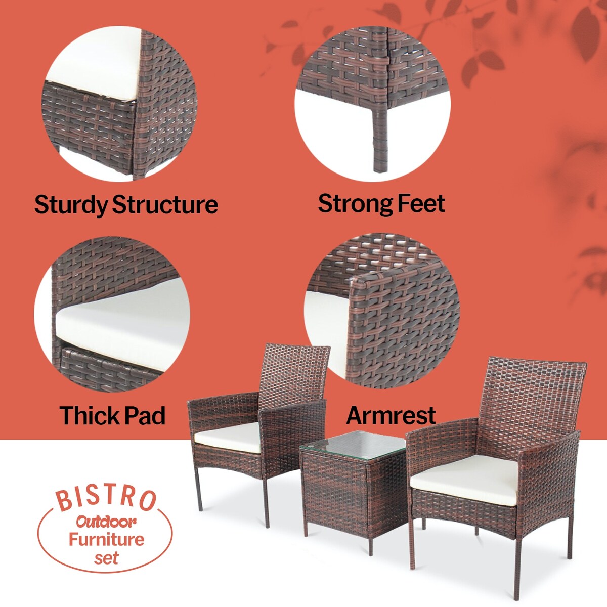Ensemble bistrot de patio 3 pièces en rotin Pyramid Home Decor
