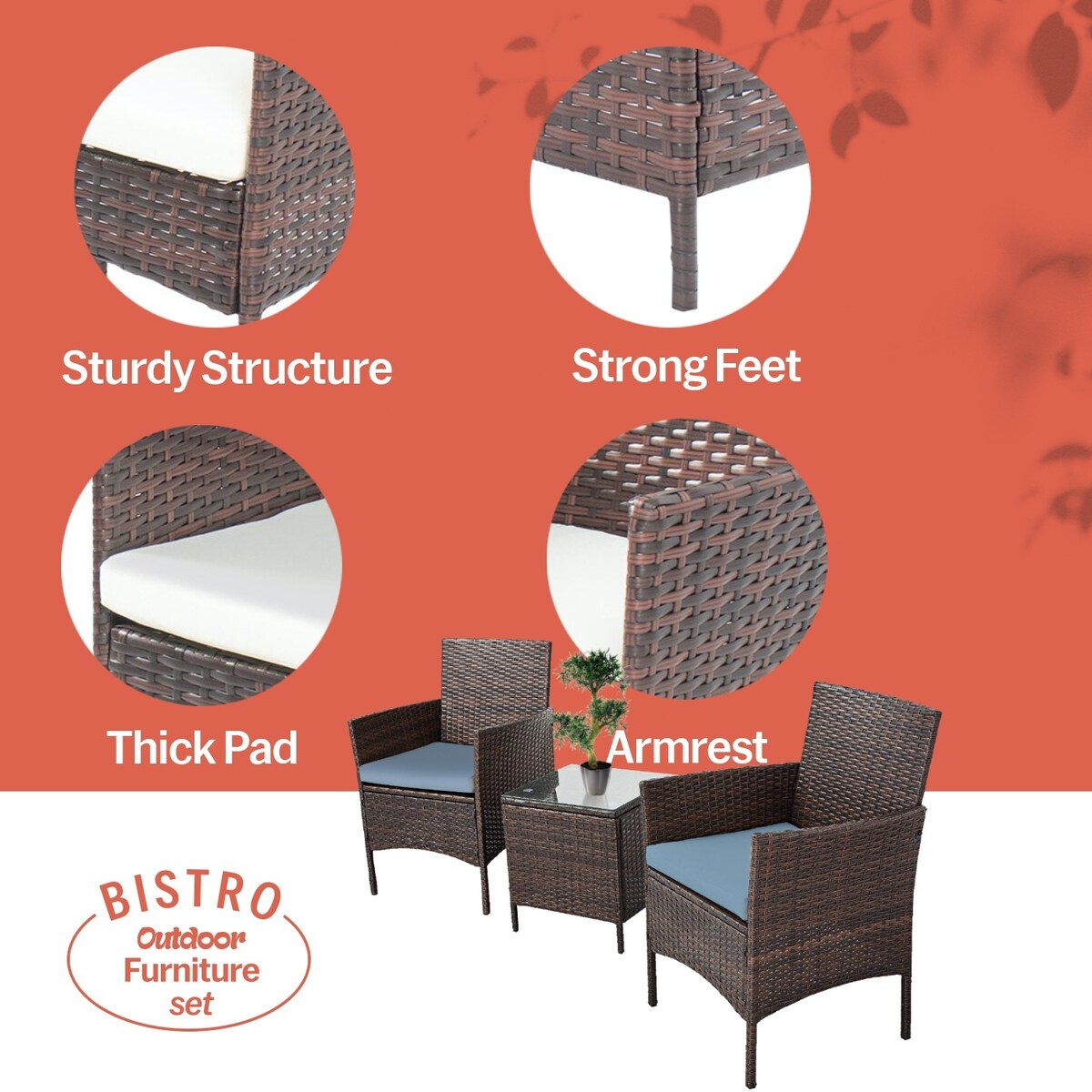 Ensemble bistrot de patio 3 pièces en rotin Pyramid Home Decor