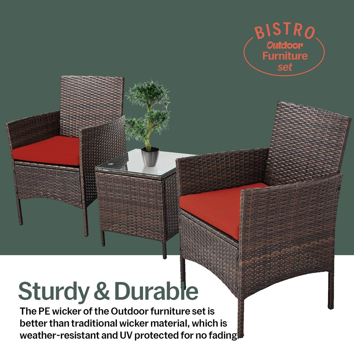 Ensemble bistrot de patio 3 pièces en rotin Pyramid Home Decor