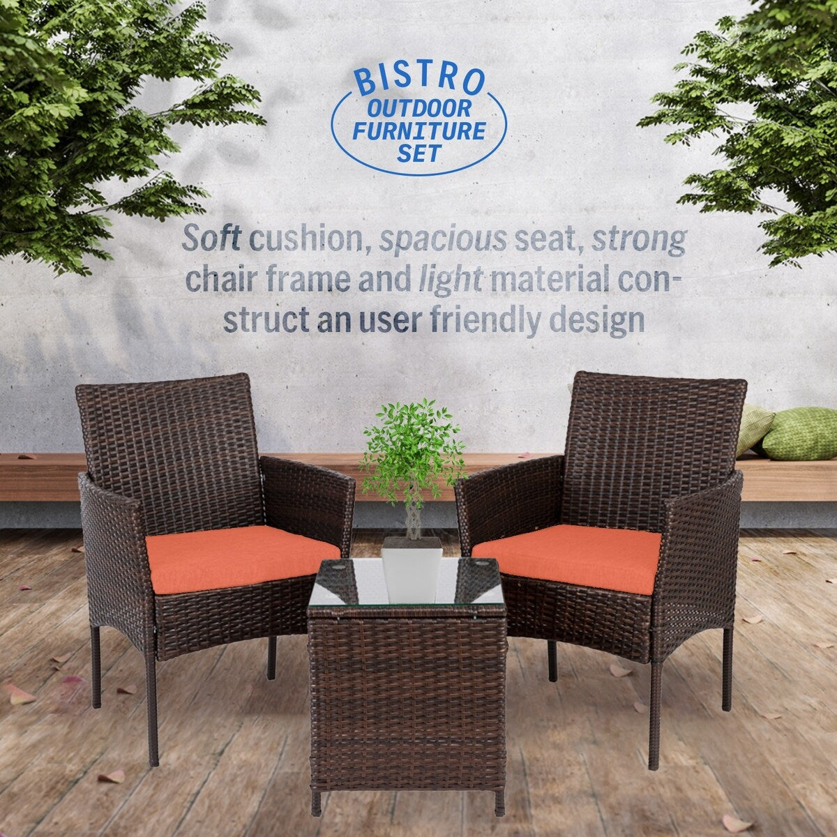 Ensemble bistrot de patio 3 pièces en rotin Pyramid Home Decor