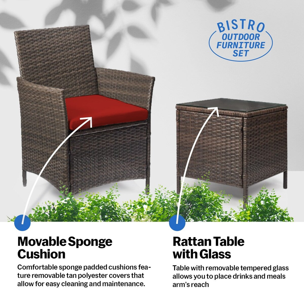 Ensemble bistrot de patio 3 pièces en rotin Pyramid Home Decor