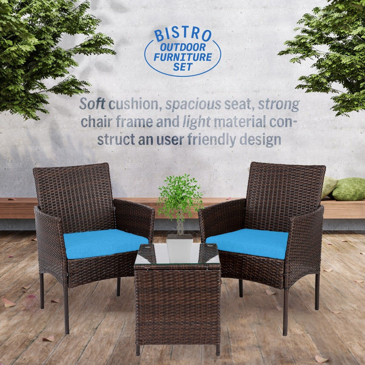 Ensemble bistrot de patio 3 pièces en rotin Pyramid Home Decor