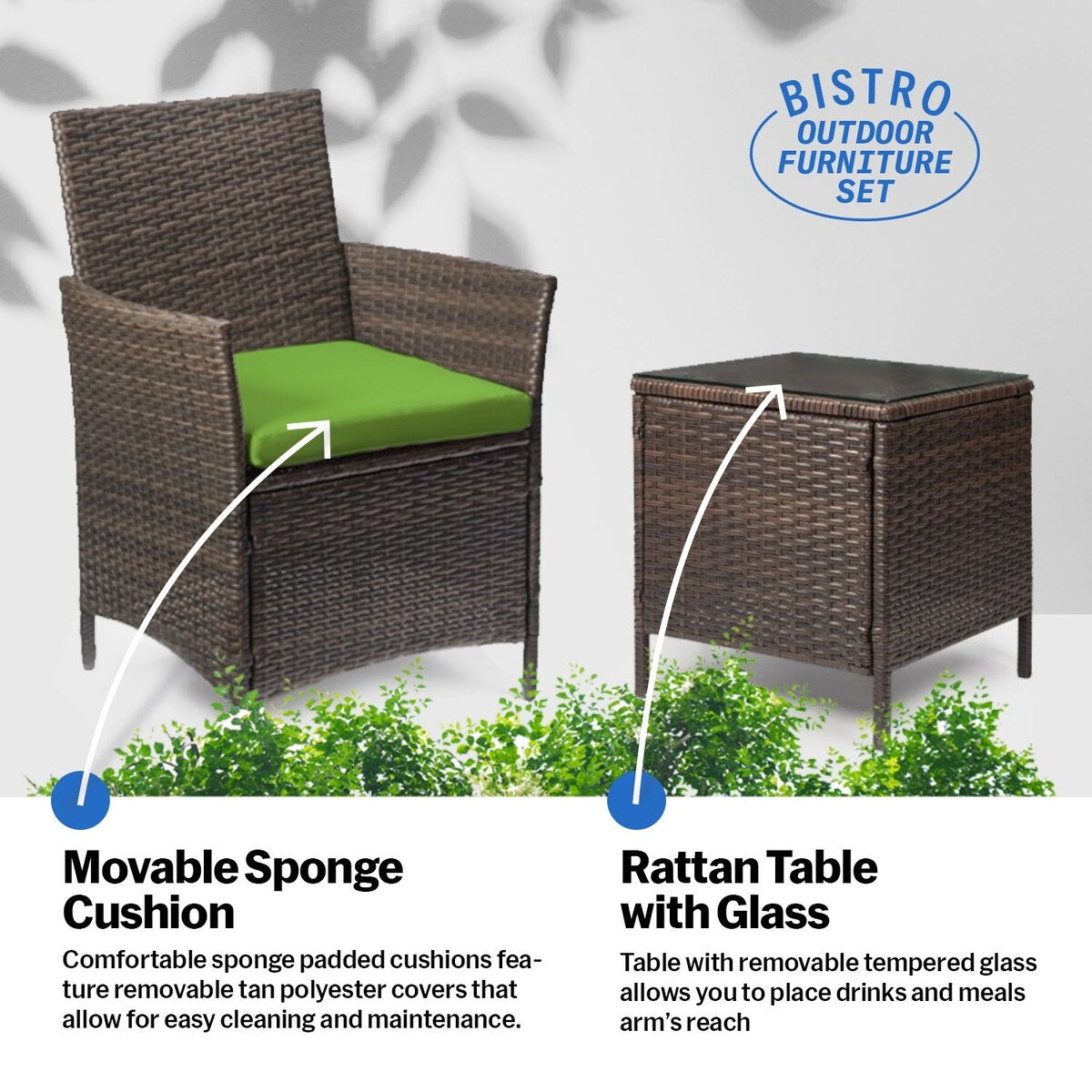 Ensemble bistrot de patio 3 pièces en rotin Pyramid Home Decor