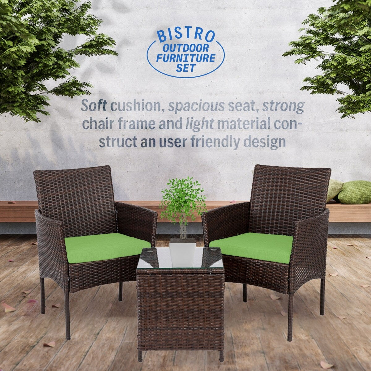 Ensemble bistrot de patio 3 pièces en rotin Pyramid Home Decor