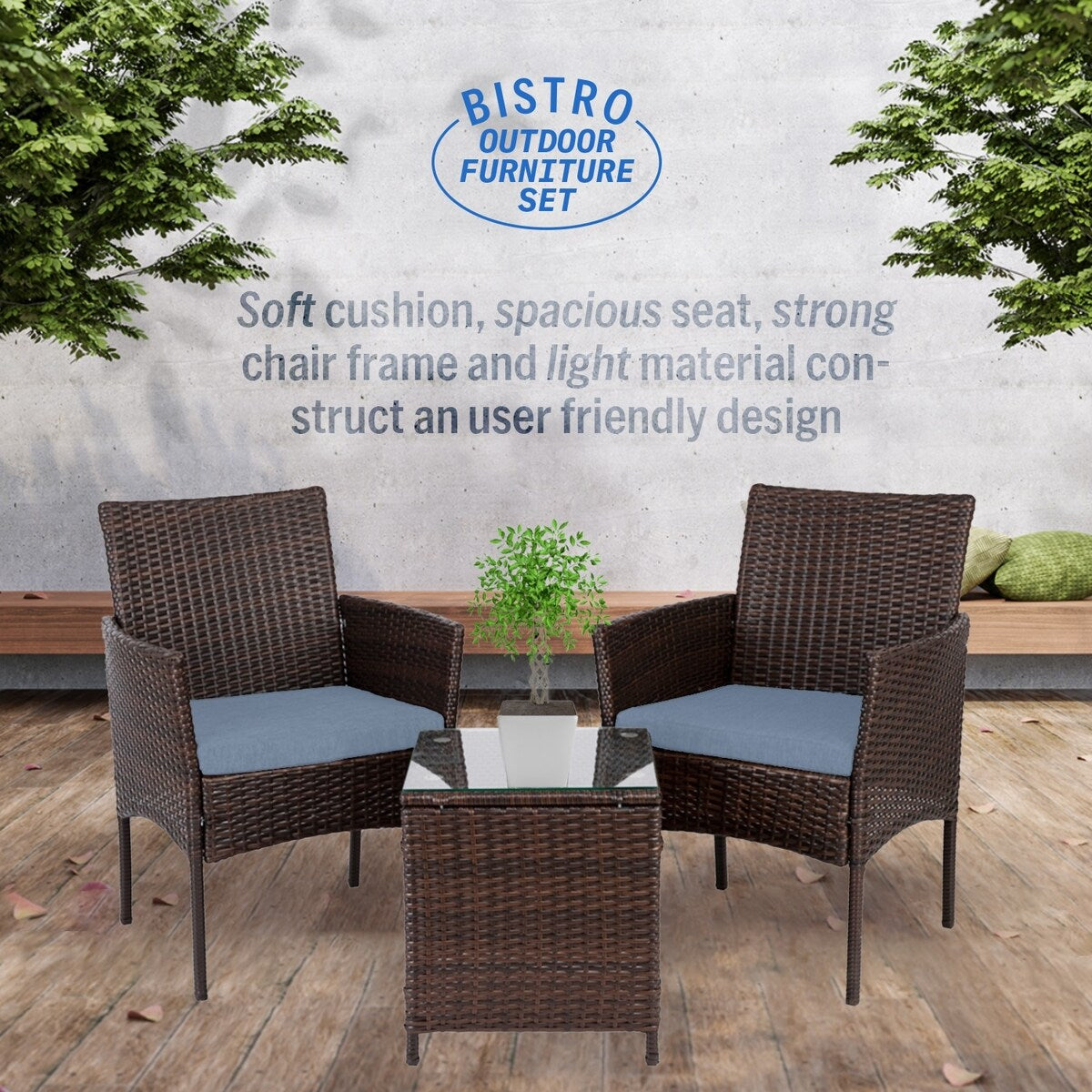 Ensemble bistrot de patio 3 pièces en rotin Pyramid Home Decor