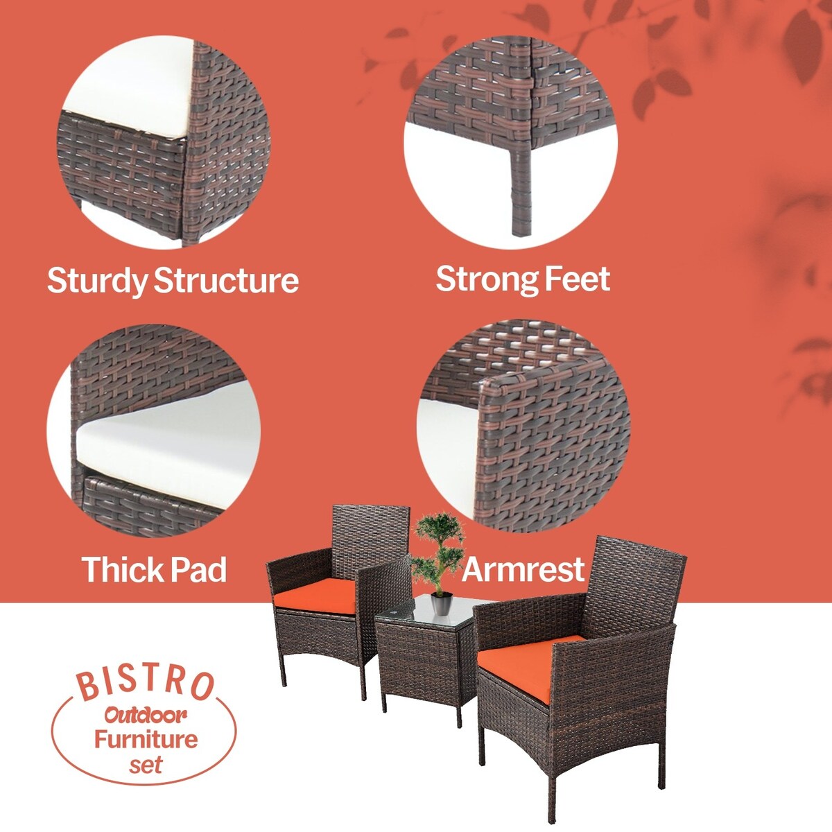 Ensemble bistrot de patio 3 pièces en rotin Pyramid Home Decor