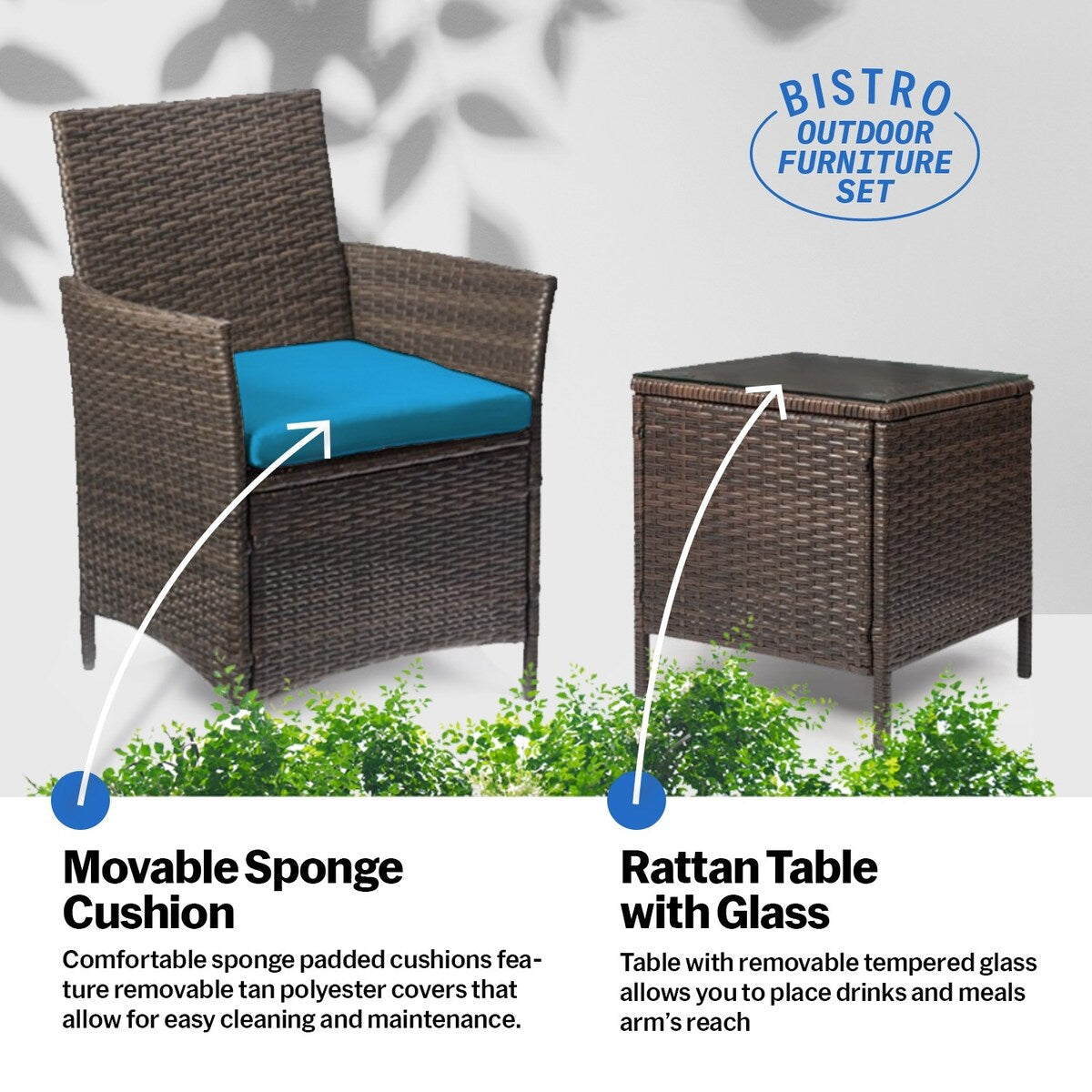 Ensemble bistrot de patio 3 pièces en rotin Pyramid Home Decor