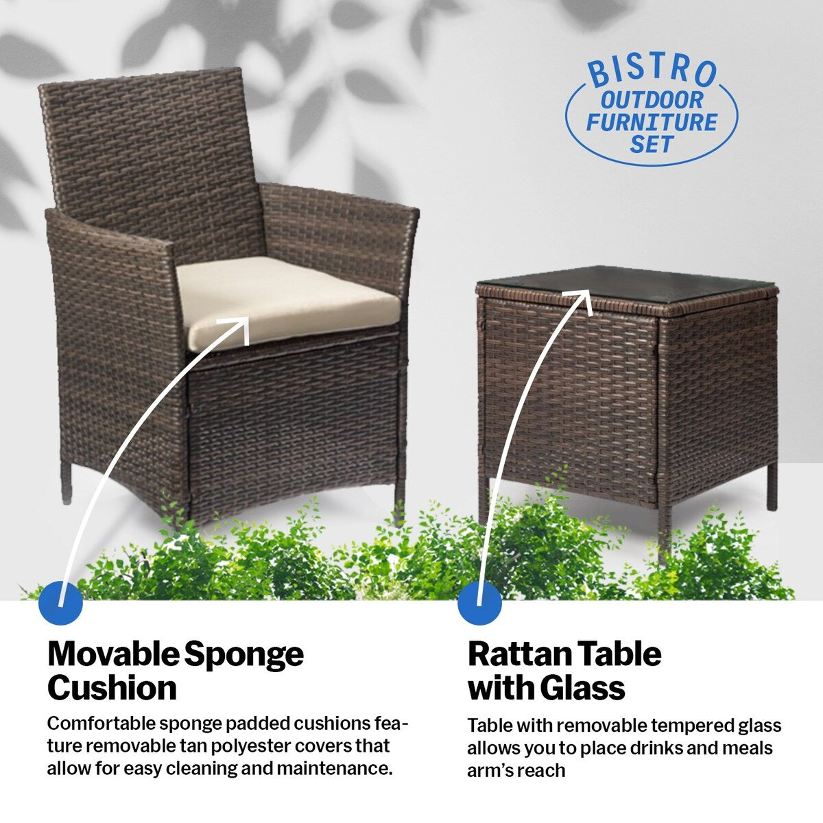 Ensemble bistrot de patio 3 pièces en rotin Pyramid Home Decor