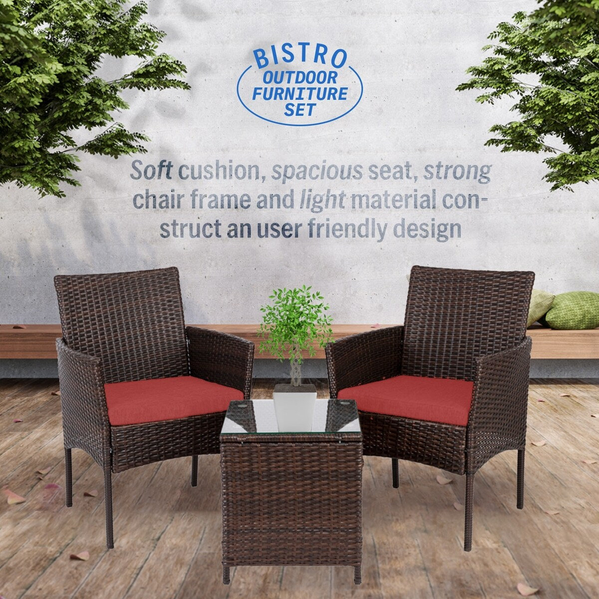 Ensemble bistrot de patio 3 pièces en rotin Pyramid Home Decor