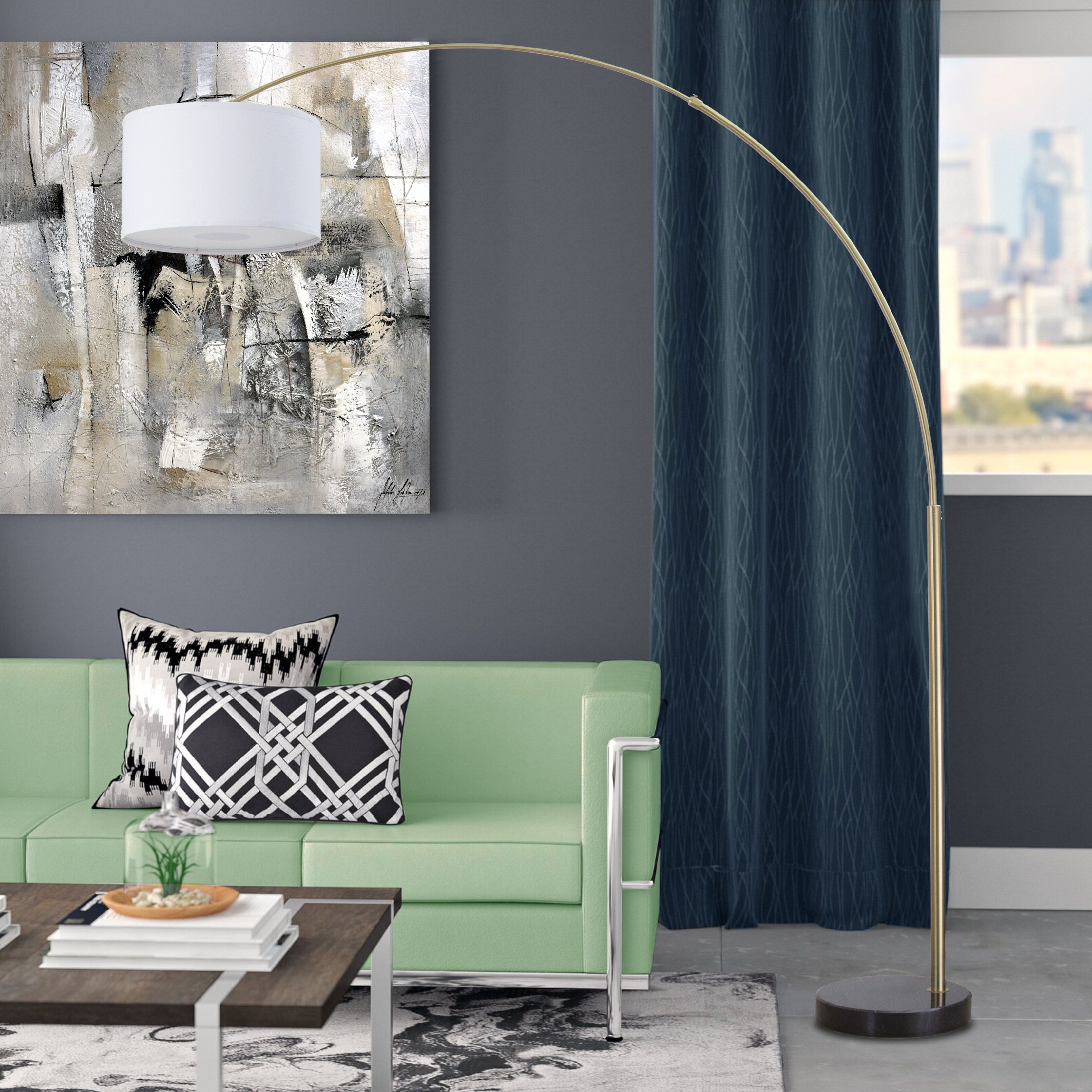 Lampadaire arqué réglable en acier Q-Max 81 avec abat-jour extra large et base en marbre