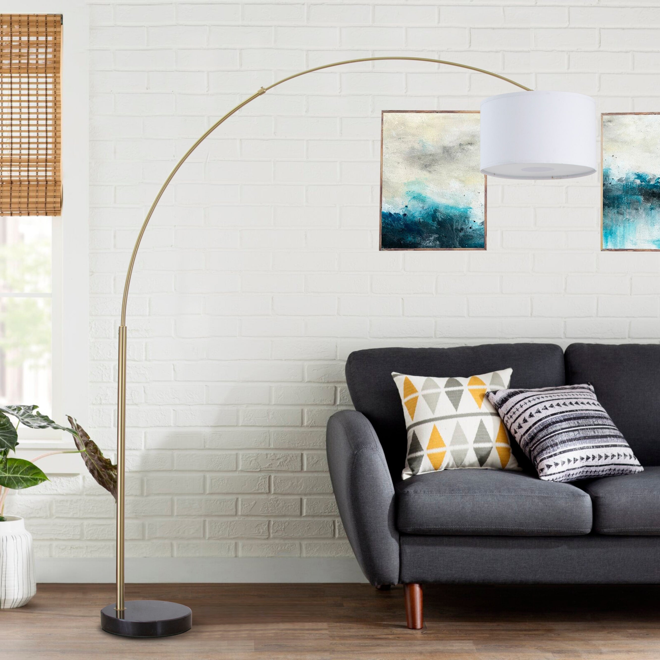 Lampadaire arqué réglable en acier Q-Max 81 avec abat-jour extra large et base en marbre