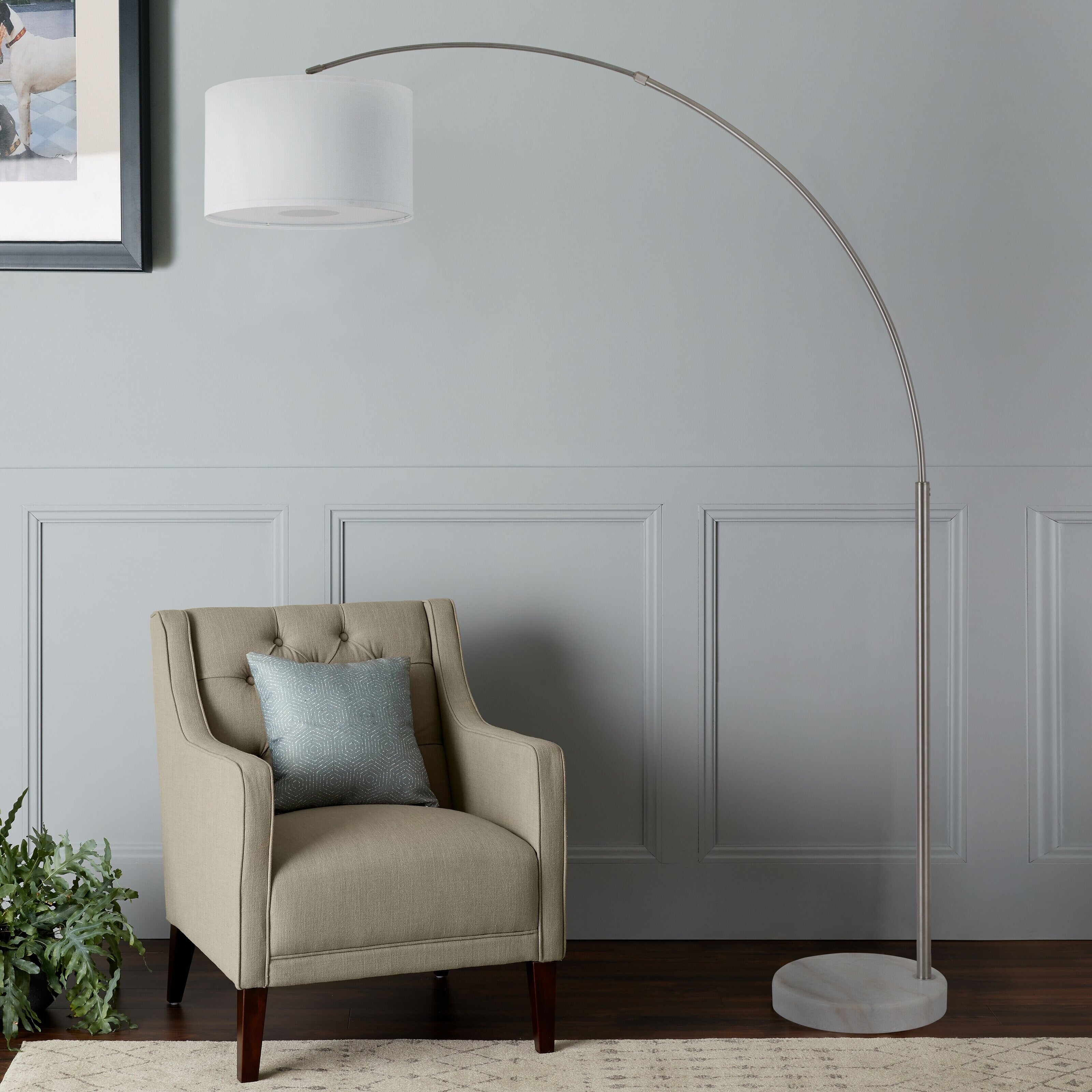 Lampadaire arqué réglable en acier Q-Max 81 avec abat-jour extra large et base en marbre