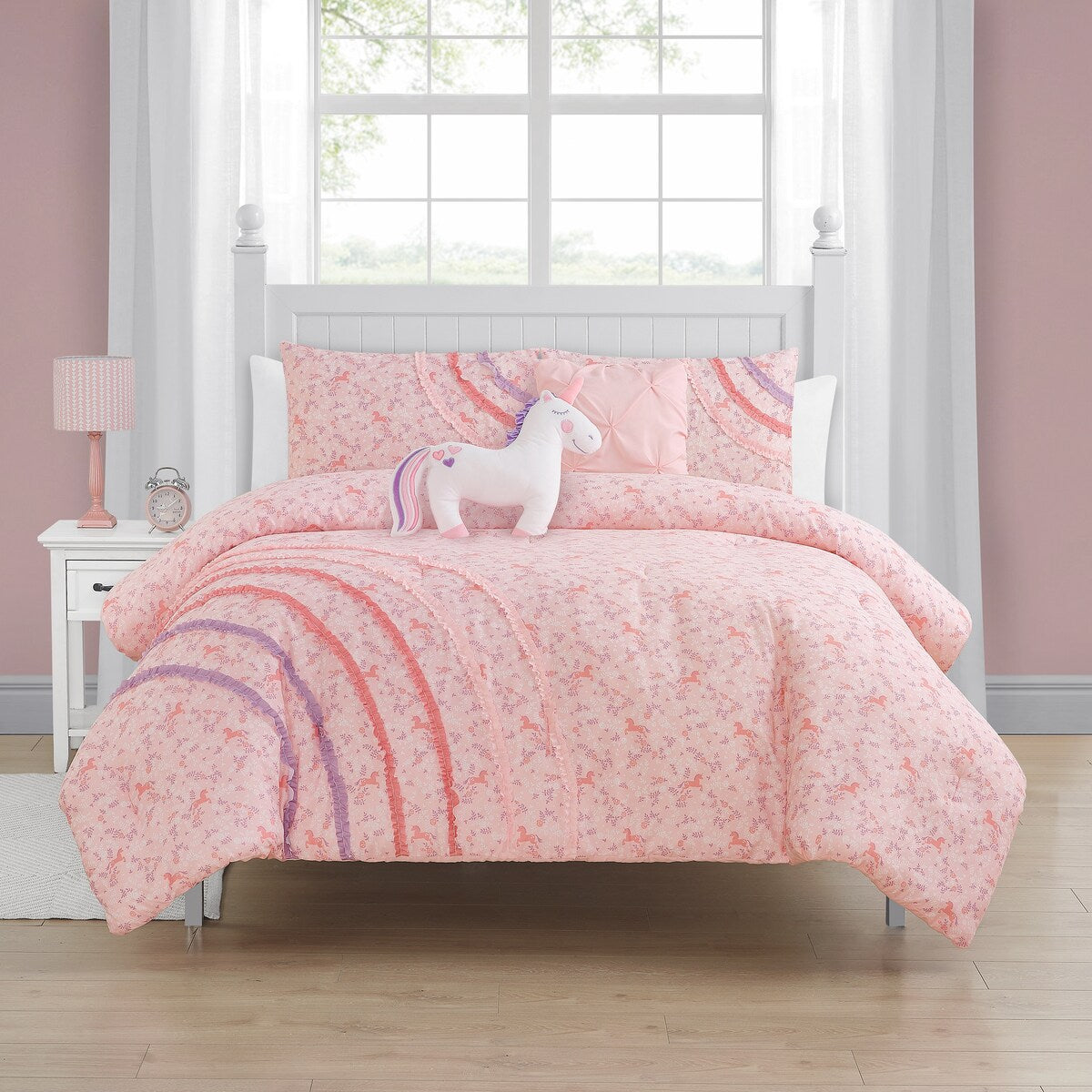 Parure de lit en microfibre ultra douce rose à volants arc-en-ciel