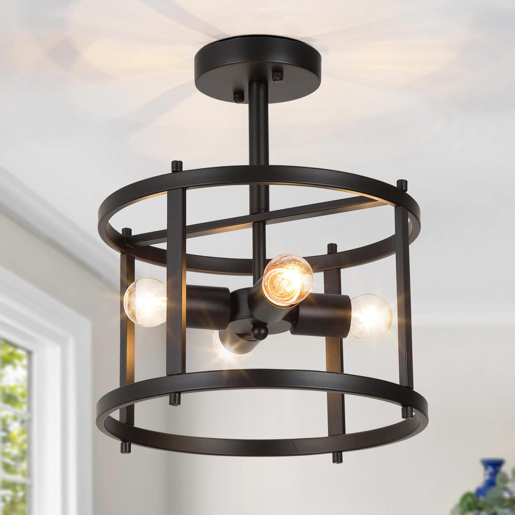 Plafonnier semi-encastré Farmhouse noir à 4 lumières, style tambour