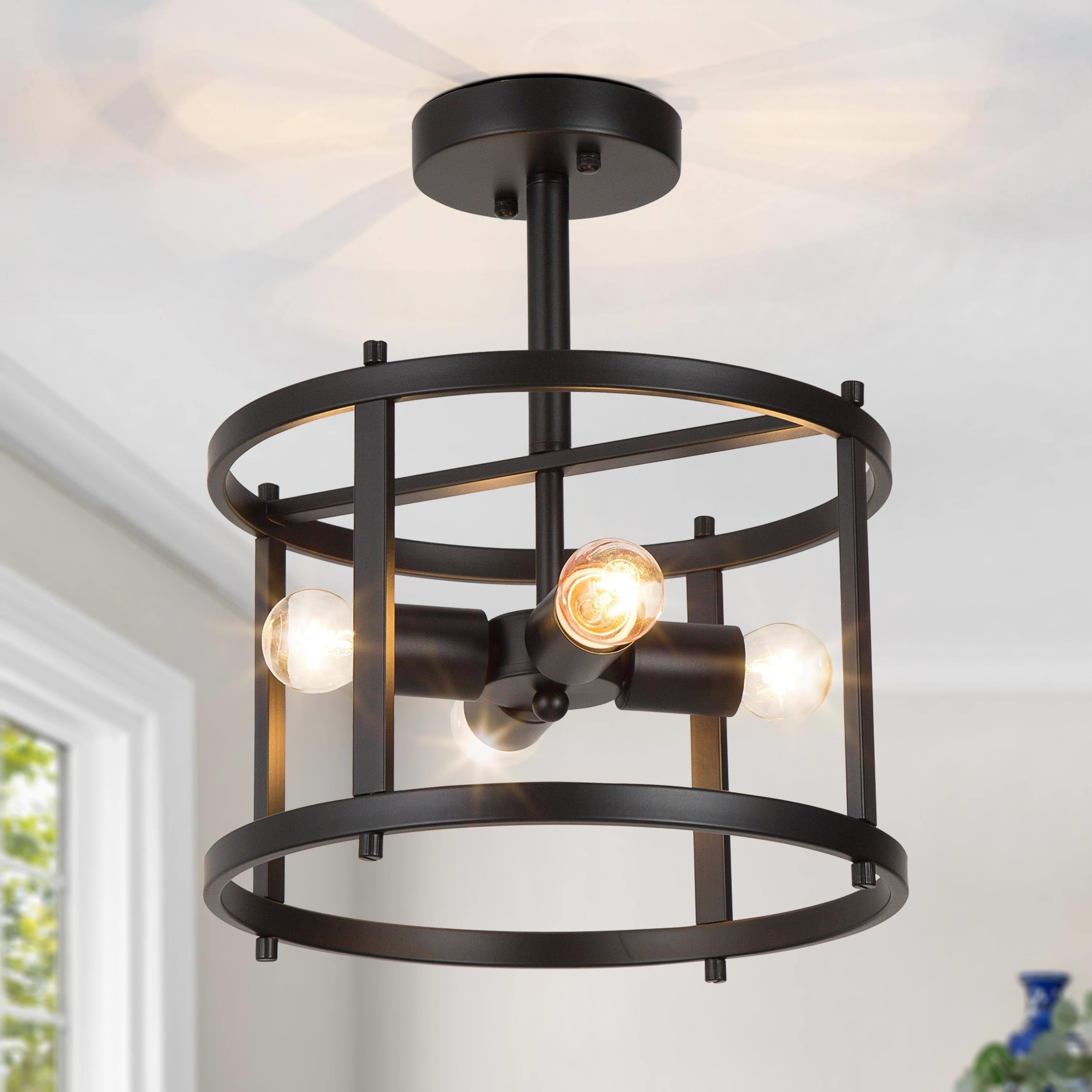 Plafonnier semi-encastré Farmhouse noir à 4 lumières, style tambour