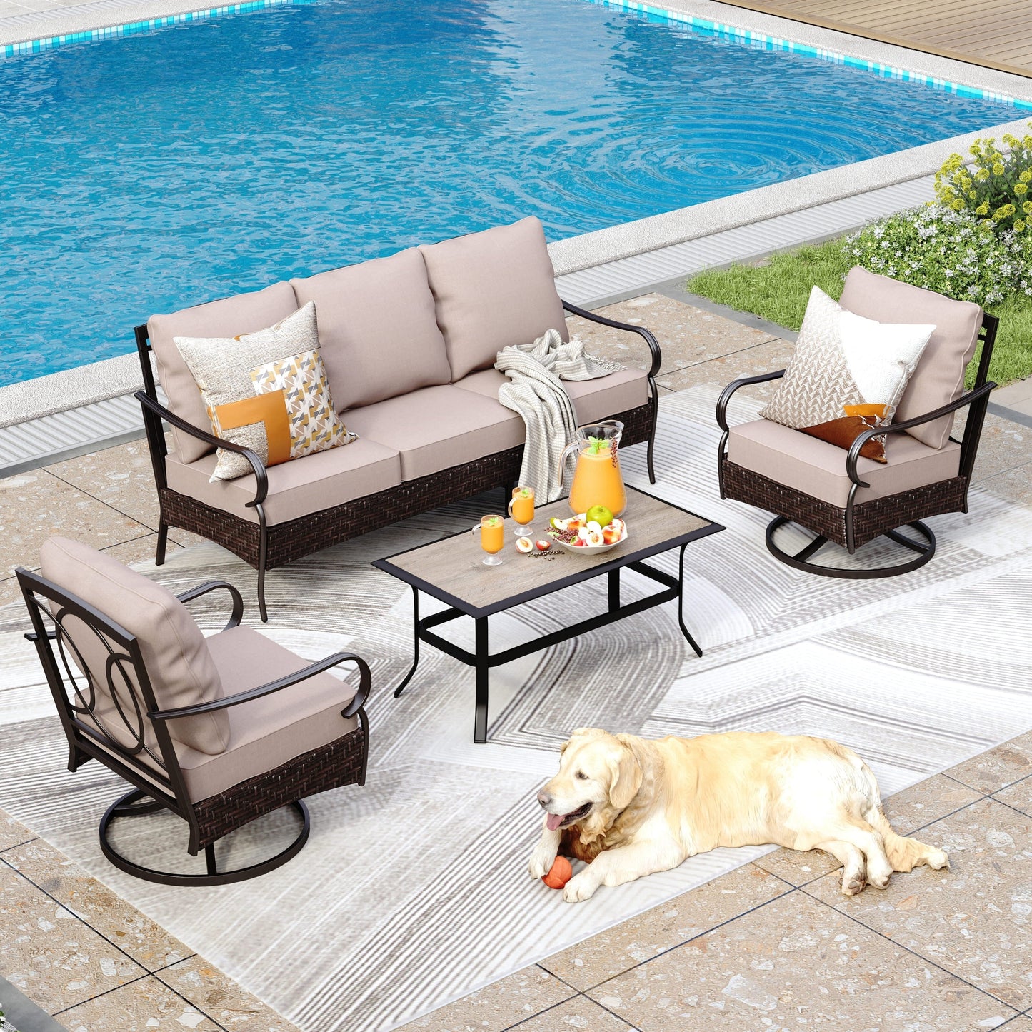 Ensemble de meubles de jardin extra larges 6 pièces MAISON ARTS : canapés 3 et 2 places, chaises pivotantes, poufs et table basse