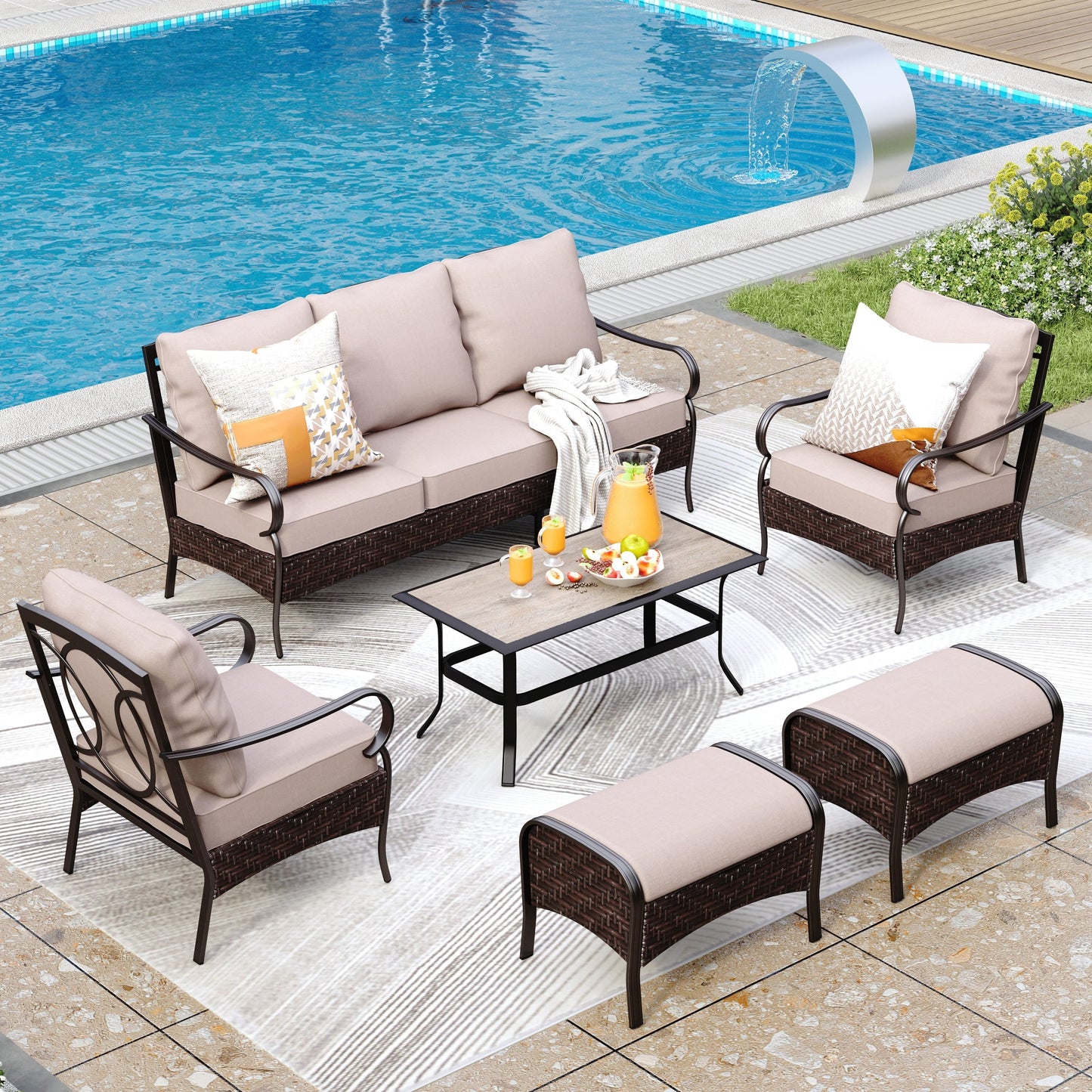 Ensemble de meubles de jardin extra larges 6 pièces MAISON ARTS : canapés 3 et 2 places, chaises pivotantes, poufs et table basse