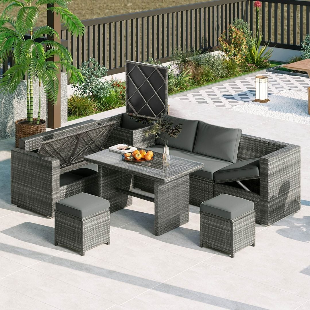 Ensemble de canapés de patio en rotin PE 6 pièces avec rangement et sièges réglables