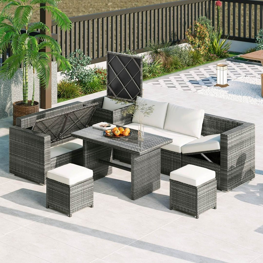 Ensemble de canapés de patio en rotin PE 6 pièces avec rangement et sièges réglables