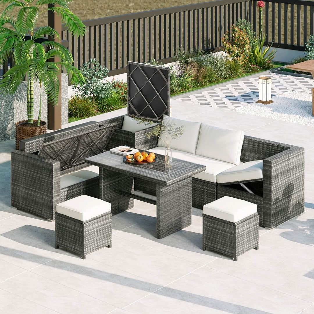 Ensemble de canapés de patio en rotin PE 6 pièces avec rangement et sièges réglables