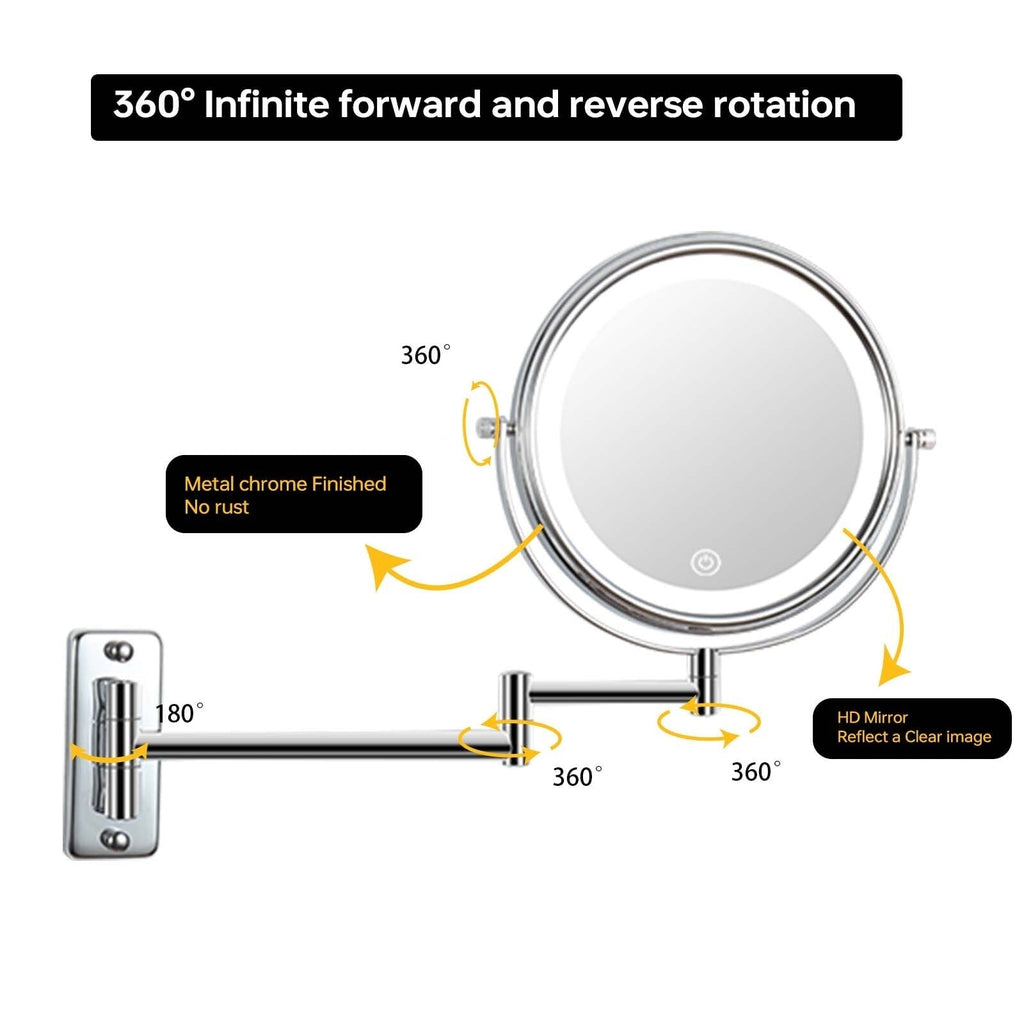 Miroir de maquillage mural rond de 8 pouces, rechargeable, grossissement 1x/10x, 3 lumières colorées