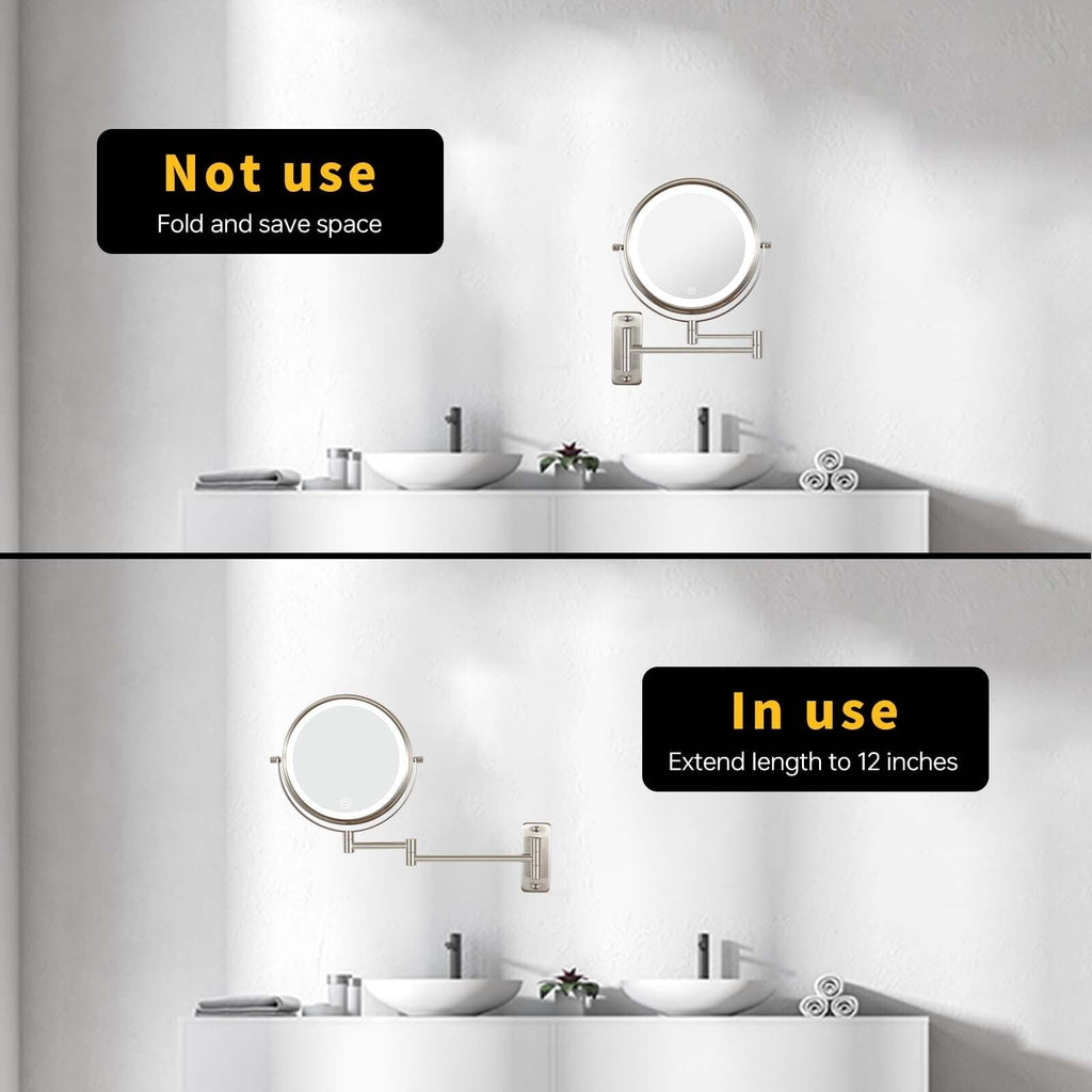 Miroir de maquillage mural rond de 8 pouces, rechargeable, grossissement 1x/10x, 3 lumières colorées