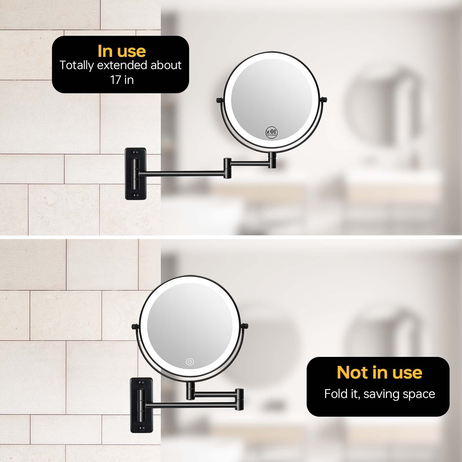 Miroir de maquillage mural rond de 8 pouces, rechargeable, grossissement 1x/10x, 3 lumières colorées