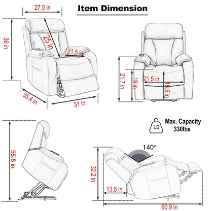 Fauteuil inclinable à siège large avec coussins rembourrés, télécommande et poche latérale