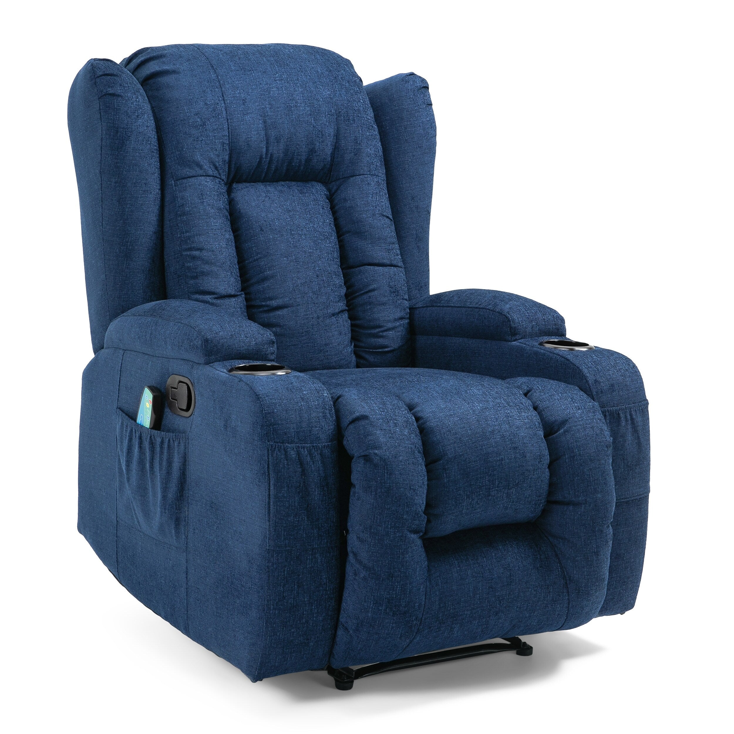 Fauteuil inclinable avec 5 modes de massage, chauffage et télécommande, deux porte-gobelets, inclinaison manuelle et poche de rangement latérale