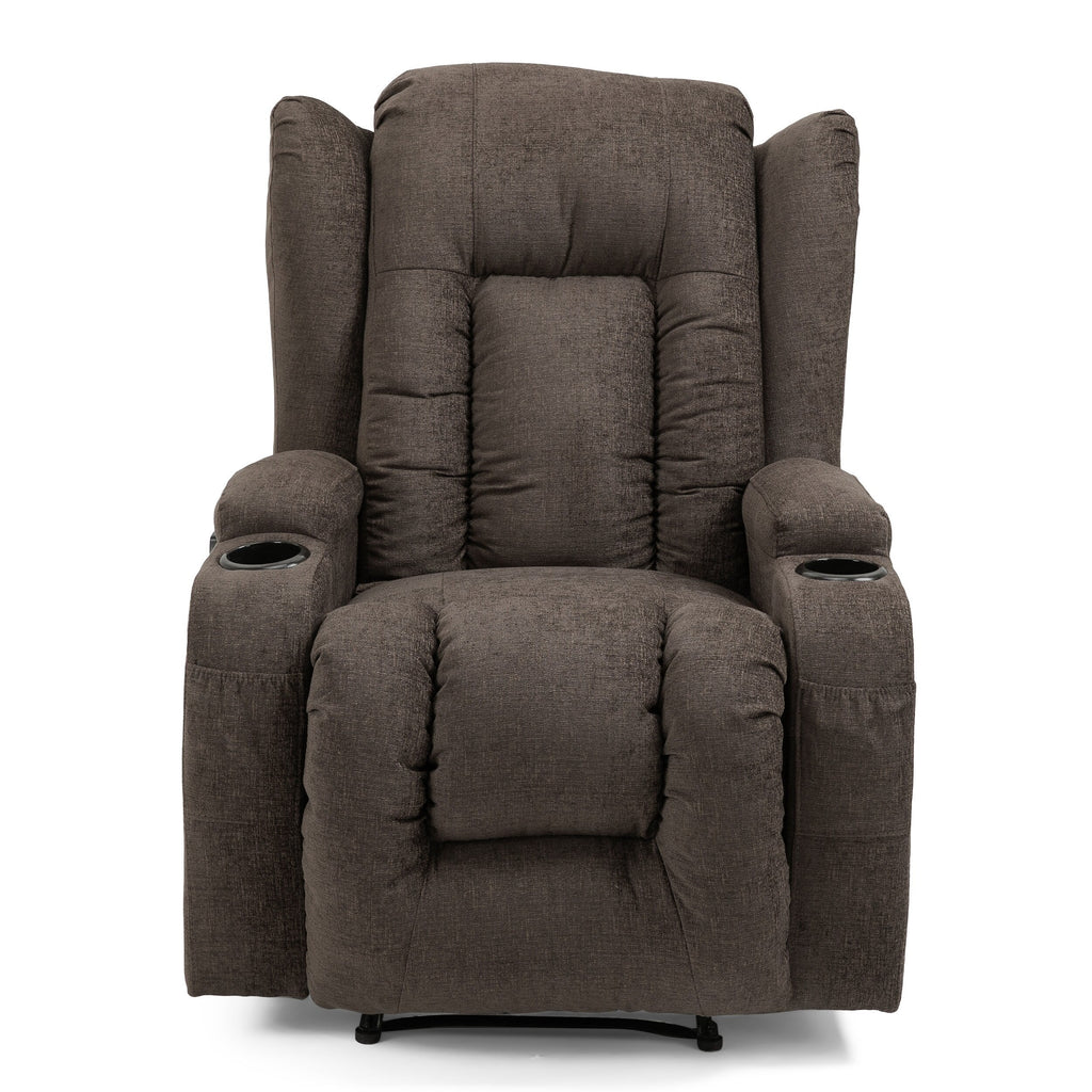 Fauteuil inclinable avec 5 modes de massage, chauffage et télécommande, deux porte-gobelets, inclinaison manuelle et poche de rangement latérale