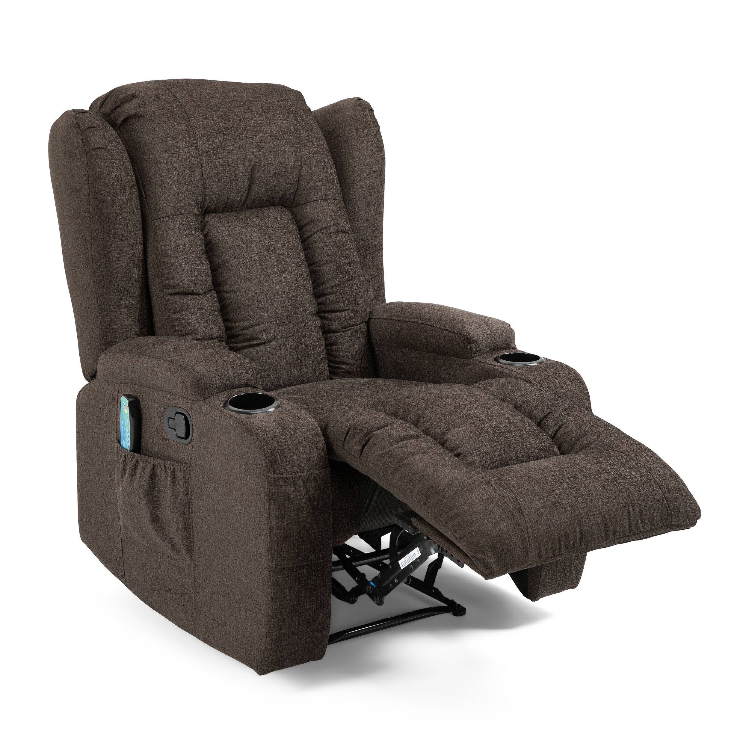 Fauteuil inclinable avec 5 modes de massage, chauffage et télécommande, deux porte-gobelets, inclinaison manuelle et poche de rangement latérale