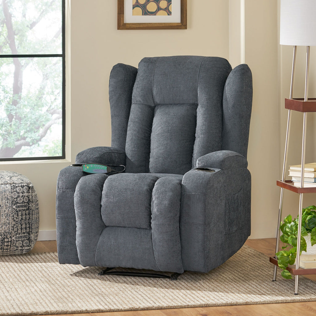 Fauteuil inclinable avec 5 modes de massage, chauffage et télécommande, deux porte-gobelets, inclinaison manuelle et poche de rangement latérale