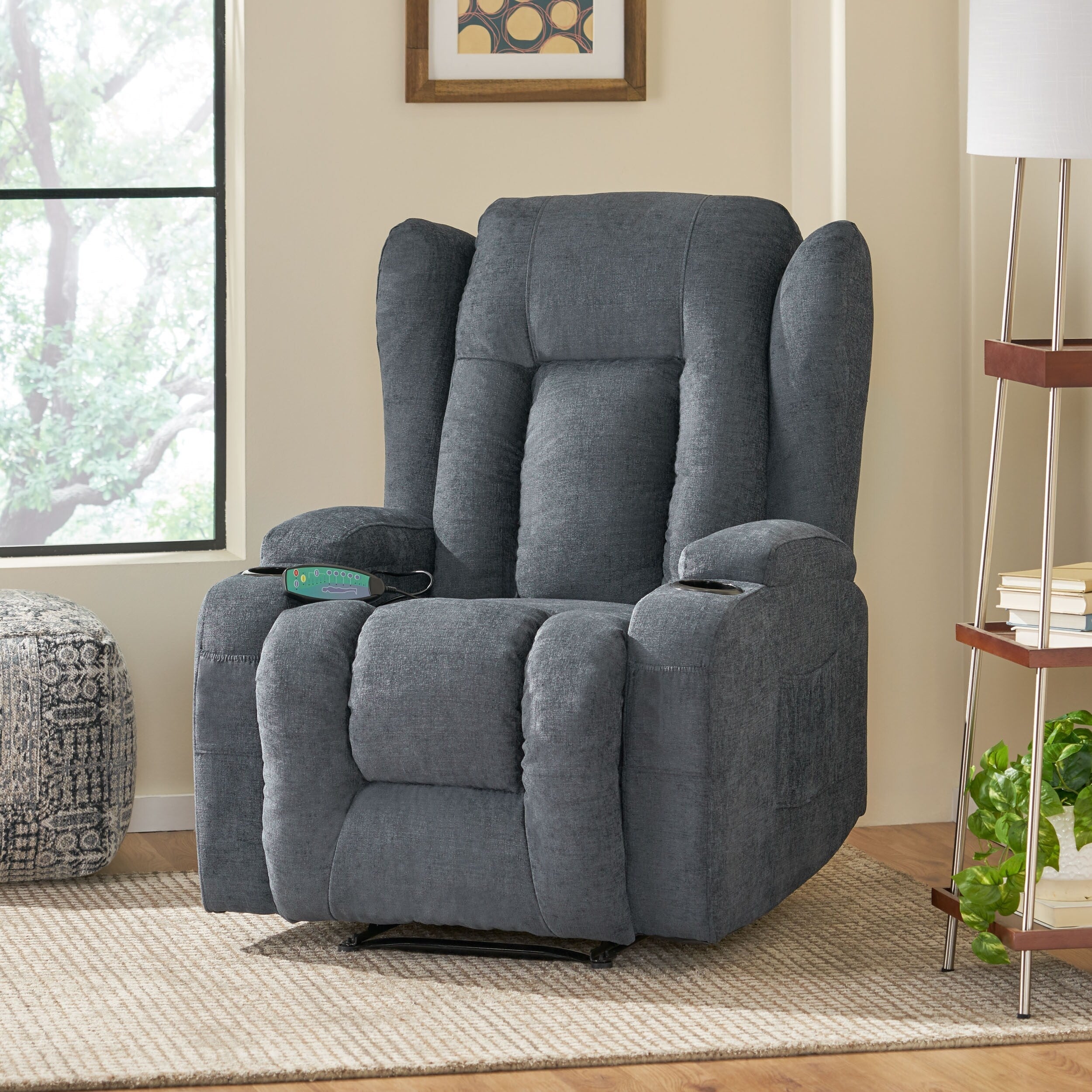 Fauteuil inclinable avec 5 modes de massage, chauffage et télécommande, deux porte-gobelets, inclinaison manuelle et poche de rangement latérale