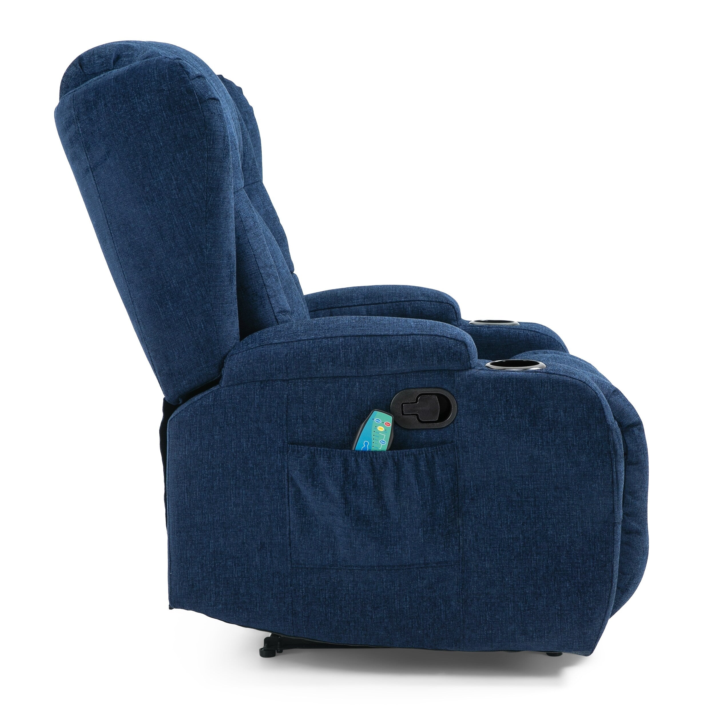 Fauteuil inclinable avec 5 modes de massage, chauffage et télécommande, deux porte-gobelets, inclinaison manuelle et poche de rangement latérale