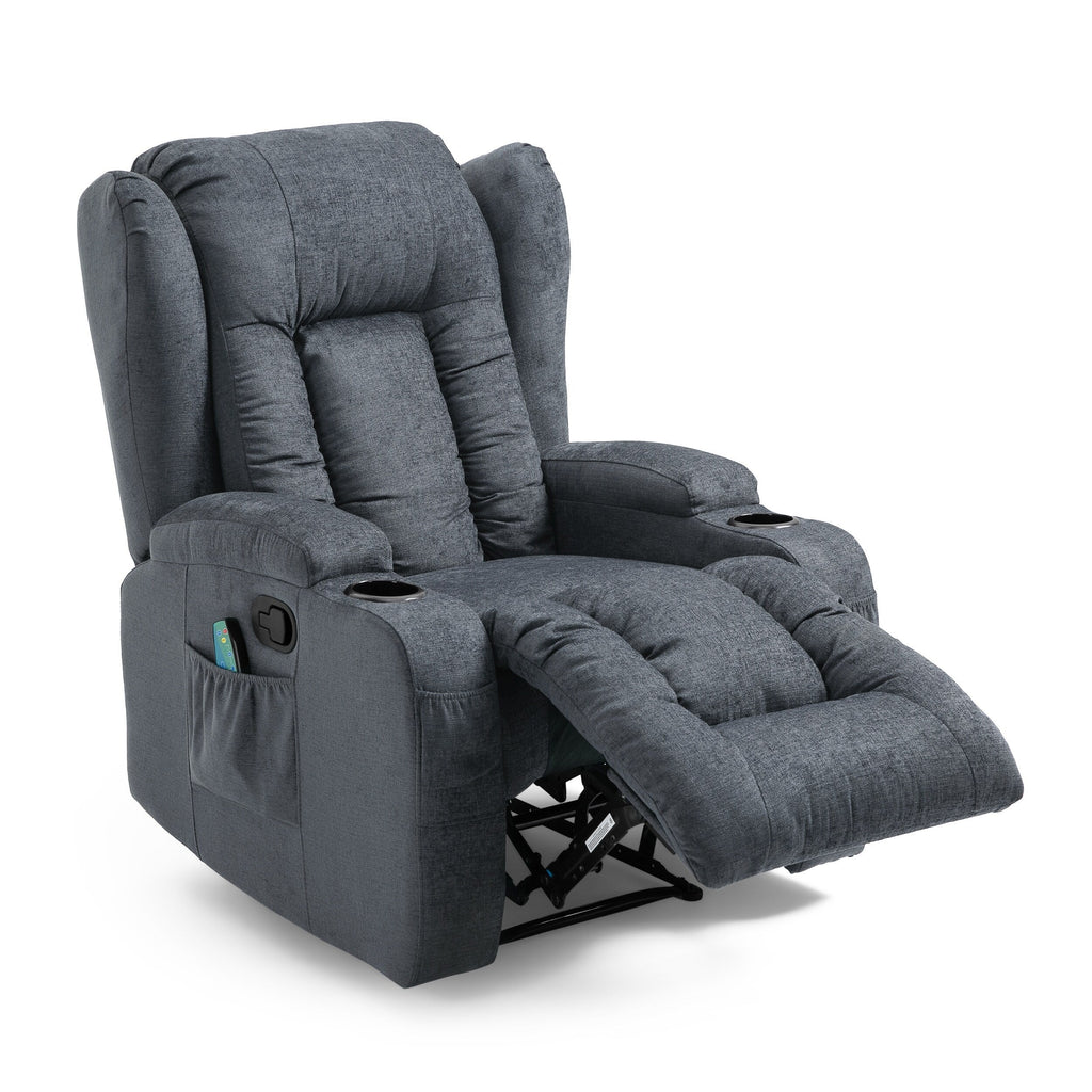 Fauteuil inclinable avec 5 modes de massage, chauffage et télécommande, deux porte-gobelets, inclinaison manuelle et poche de rangement latérale