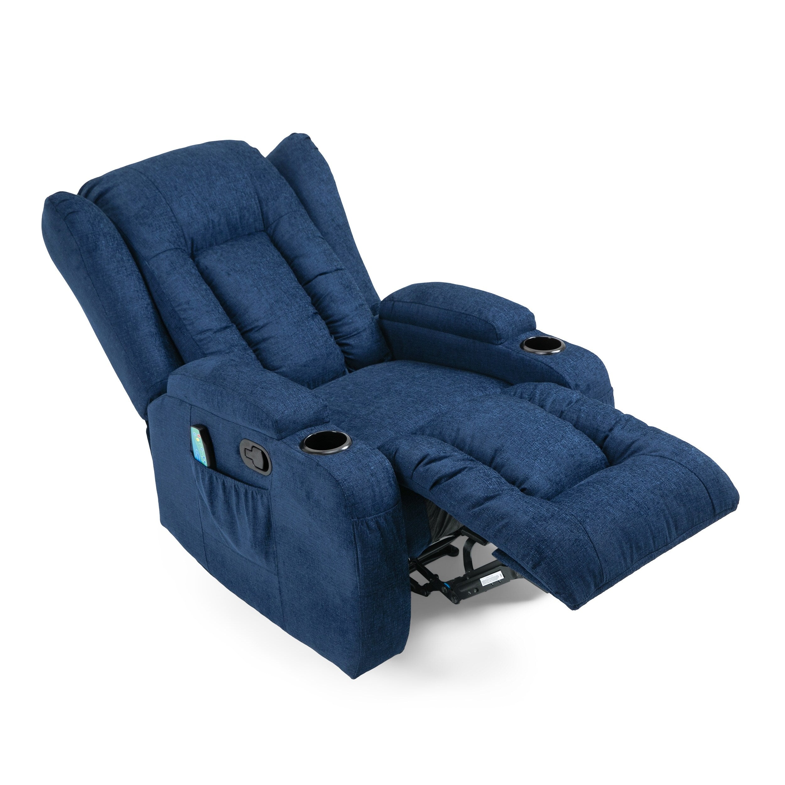 Fauteuil inclinable avec 5 modes de massage, chauffage et télécommande, deux porte-gobelets, inclinaison manuelle et poche de rangement latérale