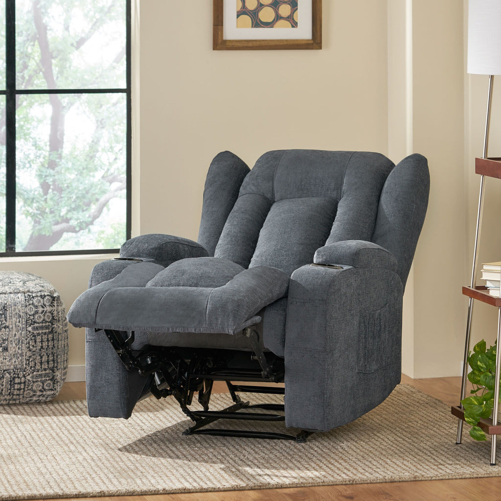 Fauteuil inclinable avec 5 modes de massage, chauffage et télécommande, deux porte-gobelets, inclinaison manuelle et poche de rangement latérale