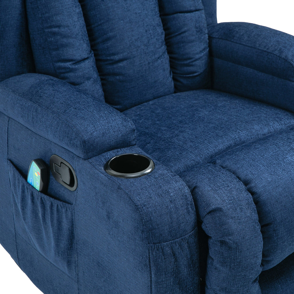 Fauteuil inclinable avec 5 modes de massage, chauffage et télécommande, deux porte-gobelets, inclinaison manuelle et poche de rangement latérale