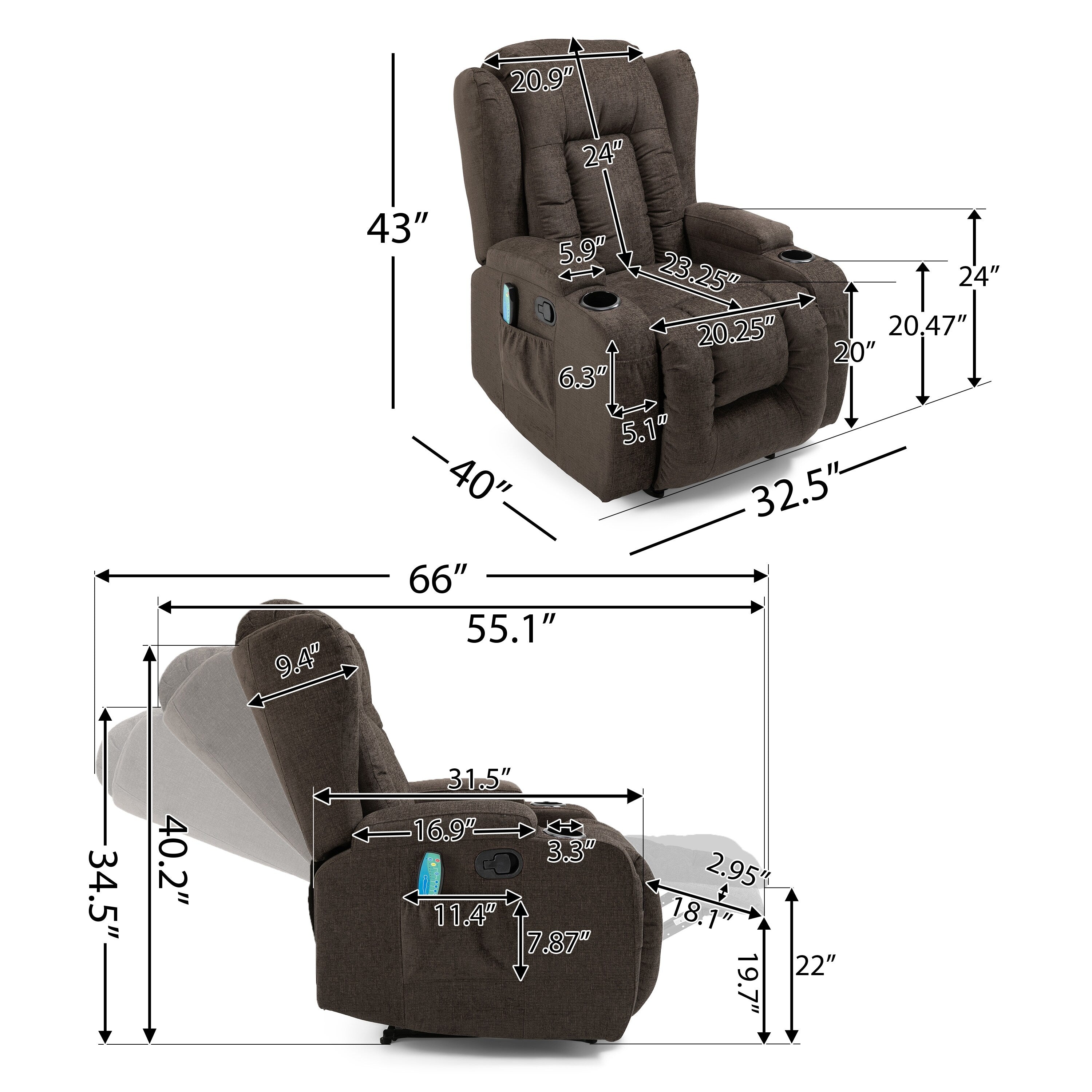 Fauteuil inclinable avec 5 modes de massage, chauffage et télécommande, deux porte-gobelets, inclinaison manuelle et poche de rangement latérale